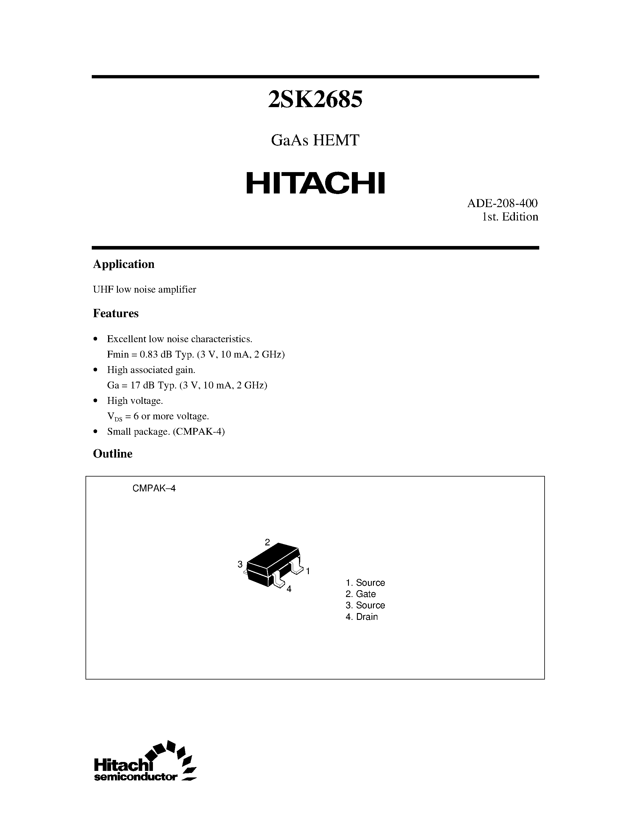 Даташит на микросхему 2SK2685 страница 1 Даташит 2SK2685 - GaAs HEMT страница 1