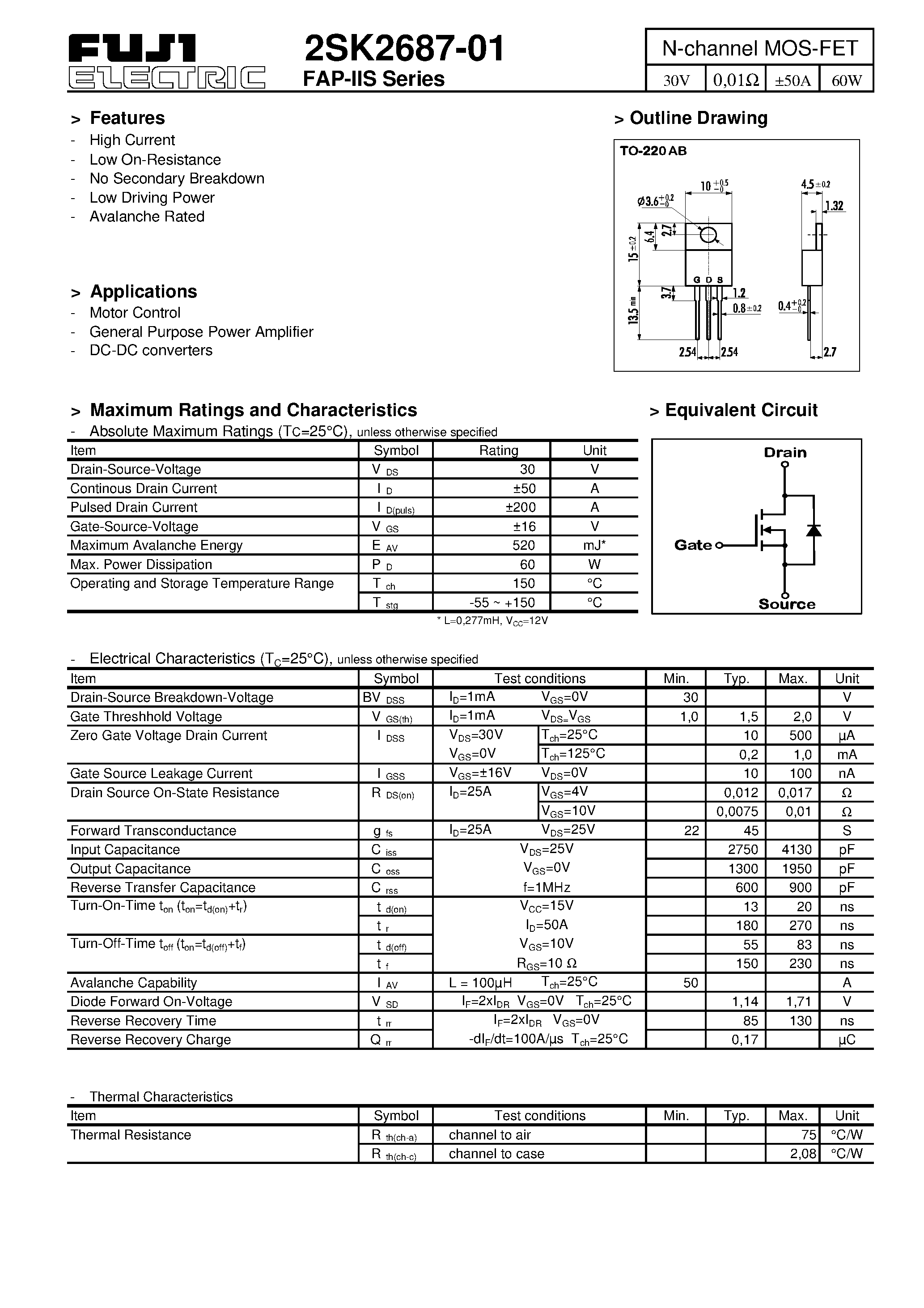Datasheet 2SK2687-01 page 1 Datasheet 2SK2687-01 - N-channel MOS-FET page 1