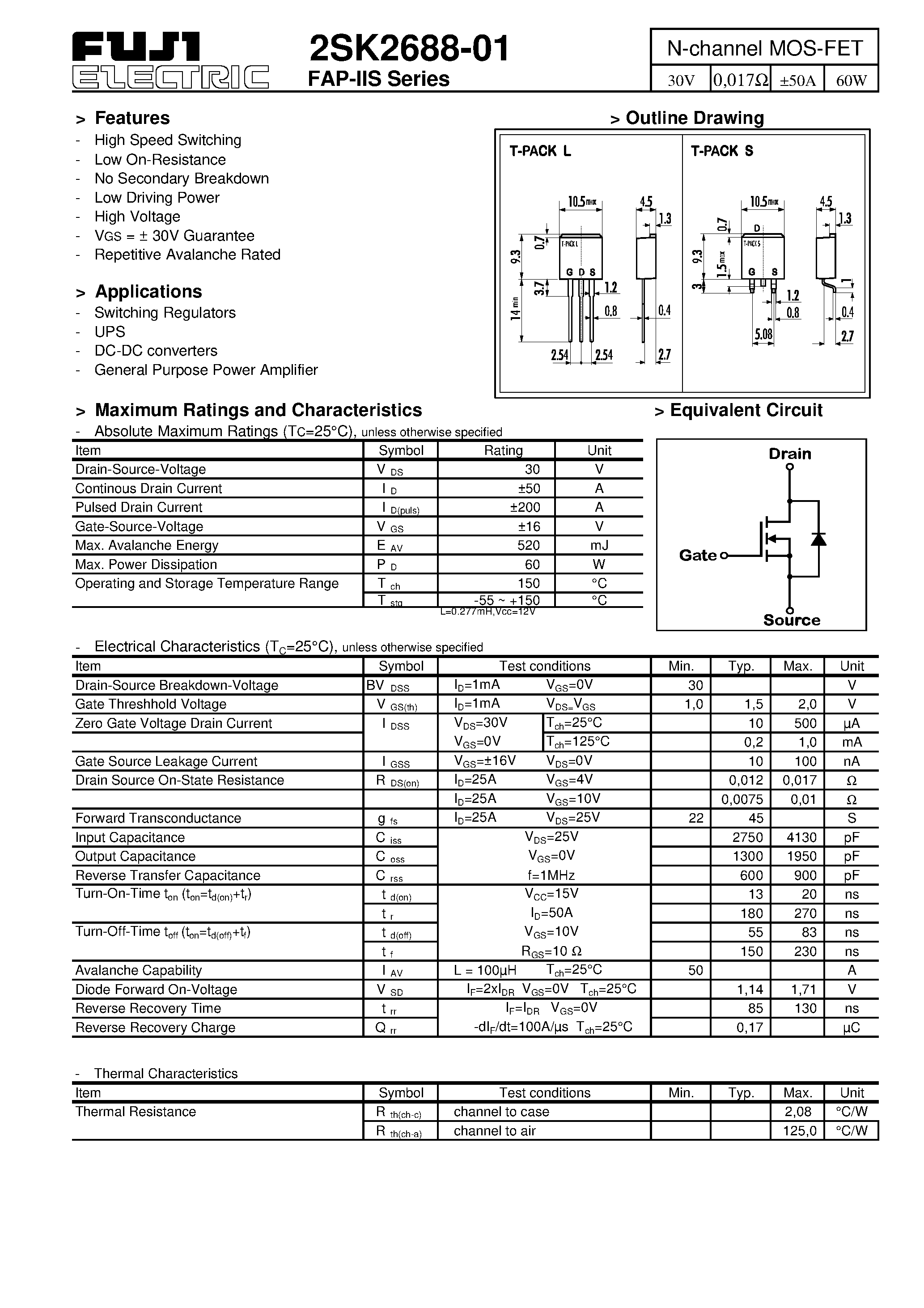 Даташит 2SK2688-01 - N-channel MOS-FET страница 1