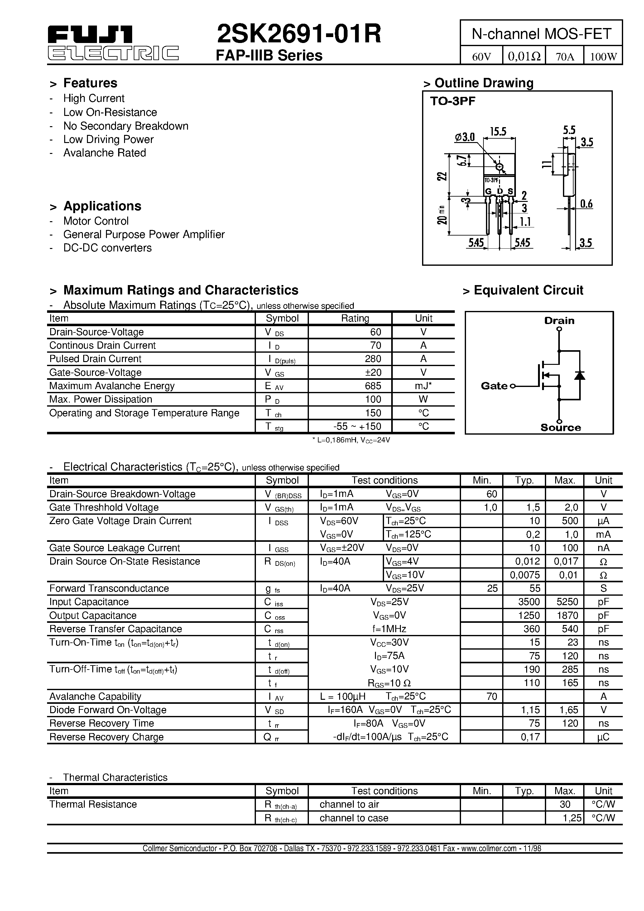 Даташит на микросхему 2SK2691-01R страница 1 Даташит 2SK2691-01R - N-channel MOS-FET страница 1
