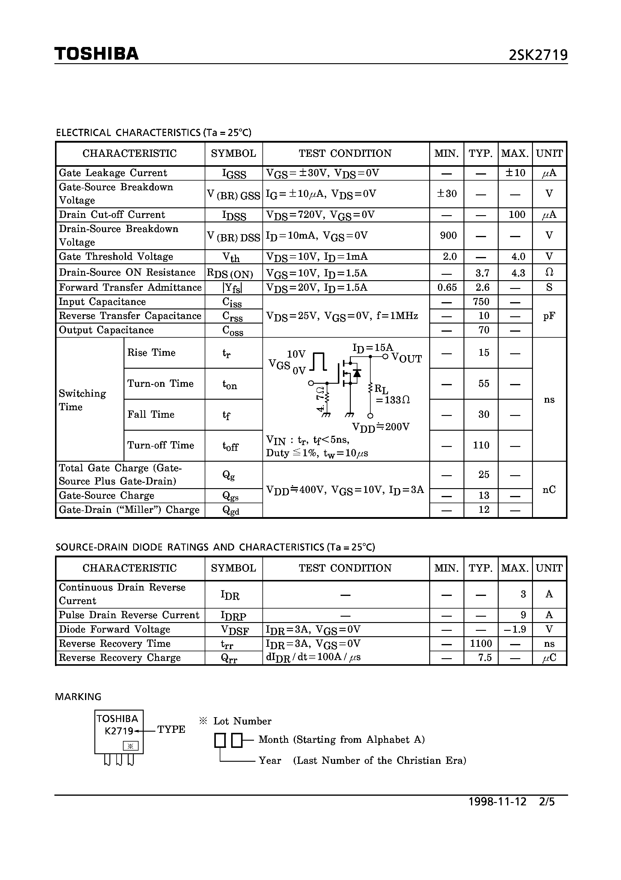 Даташит 2SK2719 - N CHANNEL MOS TYPE (HIGH SPEED/ HIGH VOLTAGE SWITCHING/ CHOPPER REGULATOR/ DC-DC CONVERTER AND MOTOR DRIVE APPLICATIONS) страница 2