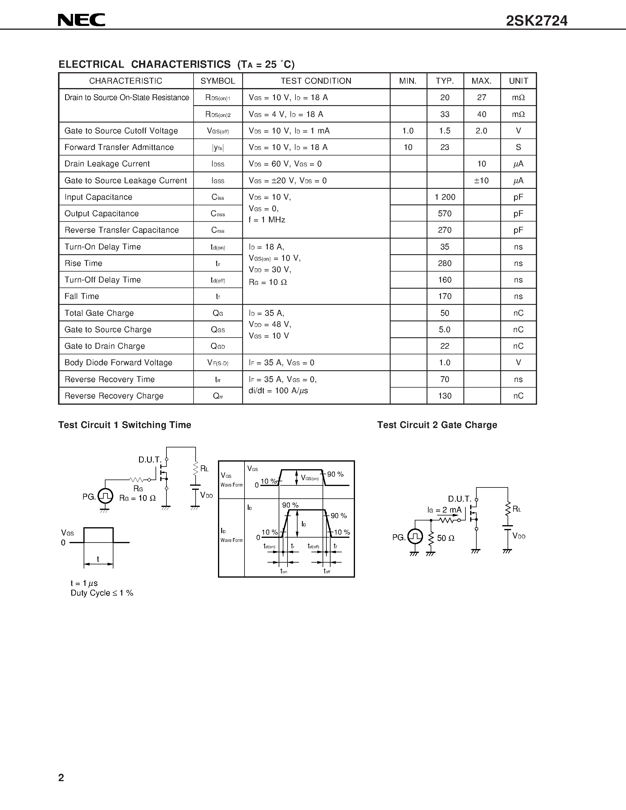 Datasheet 2SK2724 page 2 Datasheet 2SK2724 - SWITCHING N-CHANNEL POWER MOS FET INDUSTRIAL USE page 2