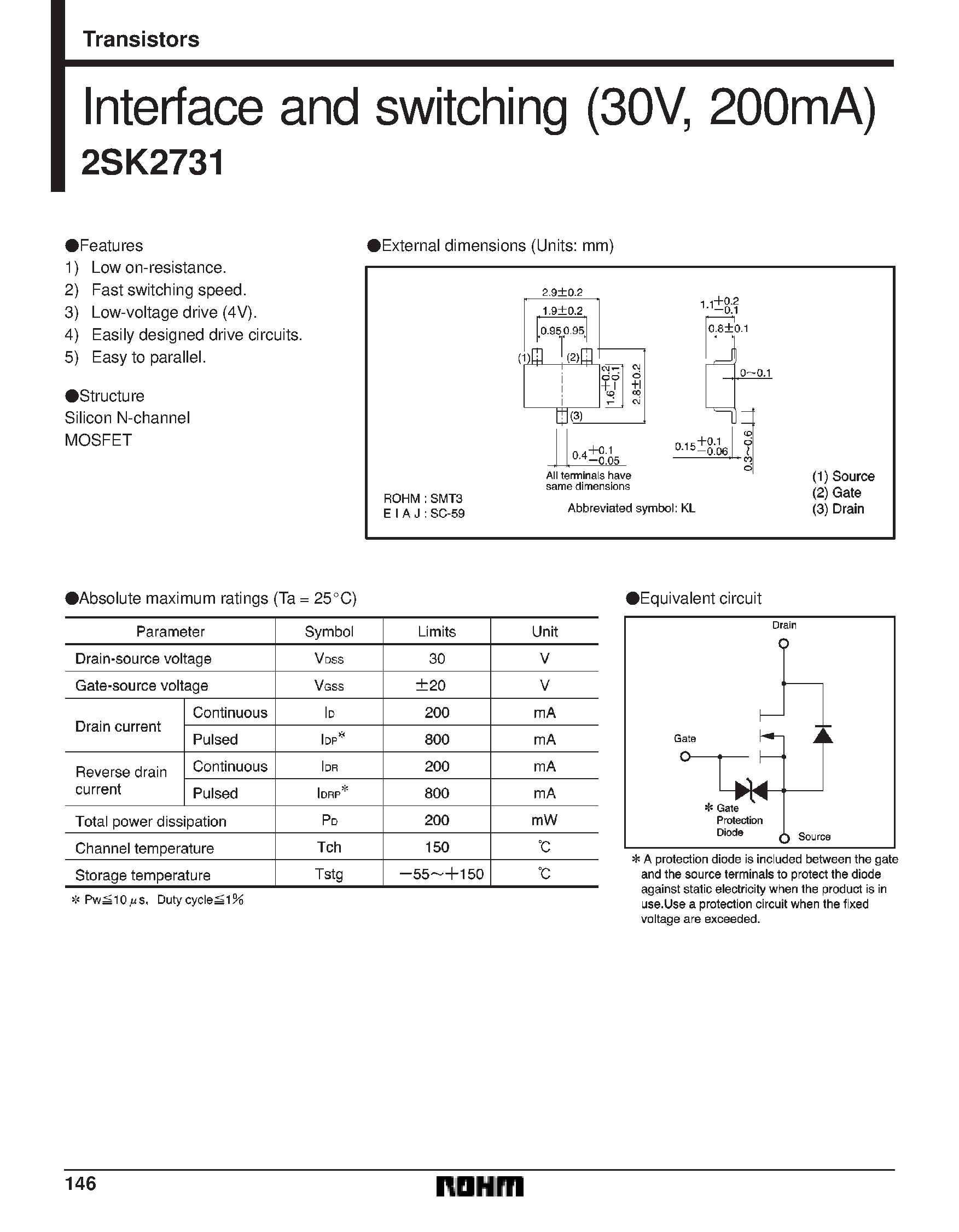 Datasheet 2SK2731 - Interface and switching (30V/ 200mA) page 1