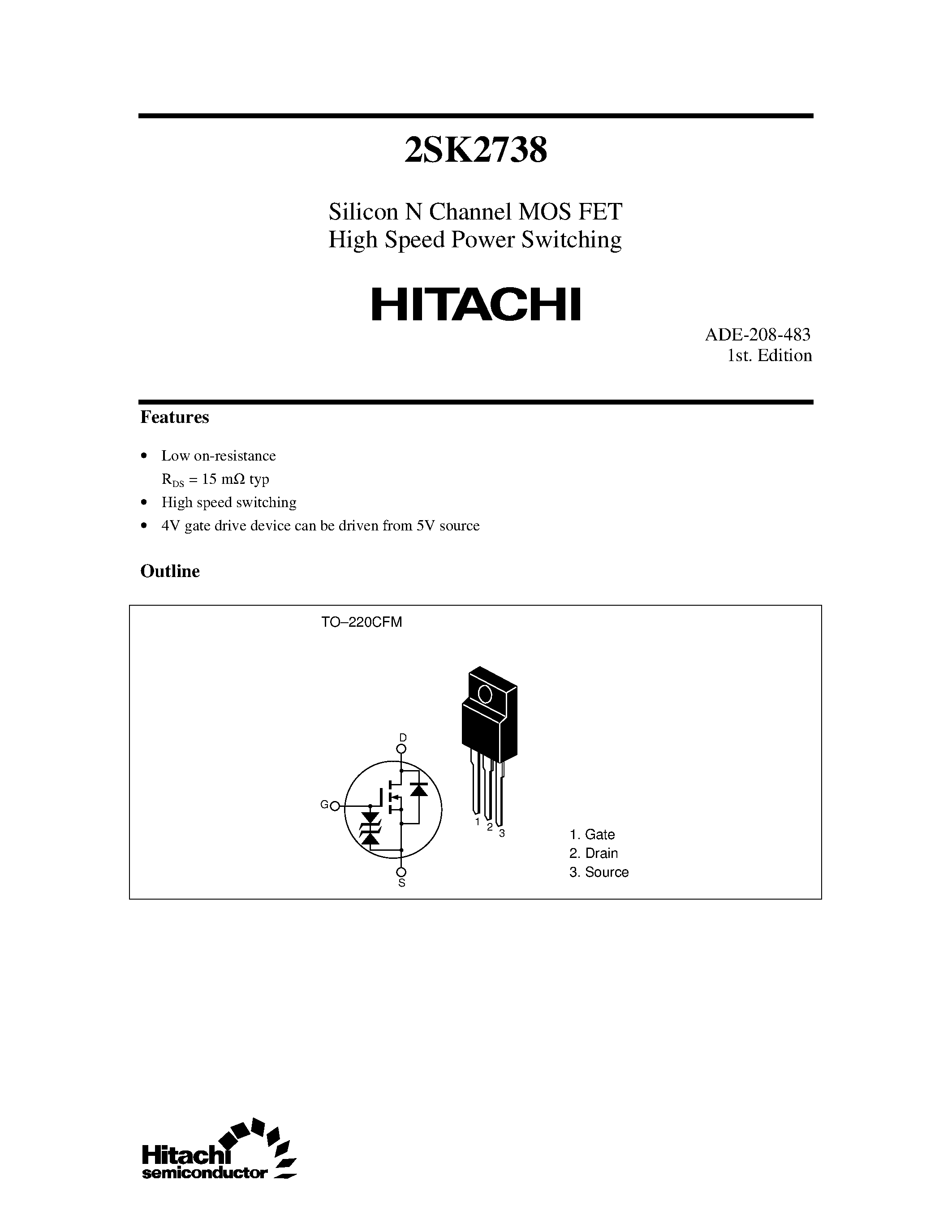 Datasheet 2SK2738 - Silicon N Channel MOS FET High Speed Power Switching page 1