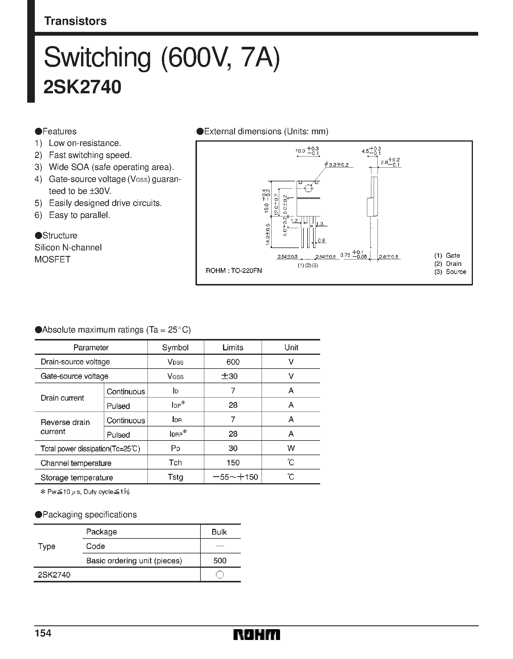 Datasheet 2SK2740 - Switching (600V/ 7A) page 1