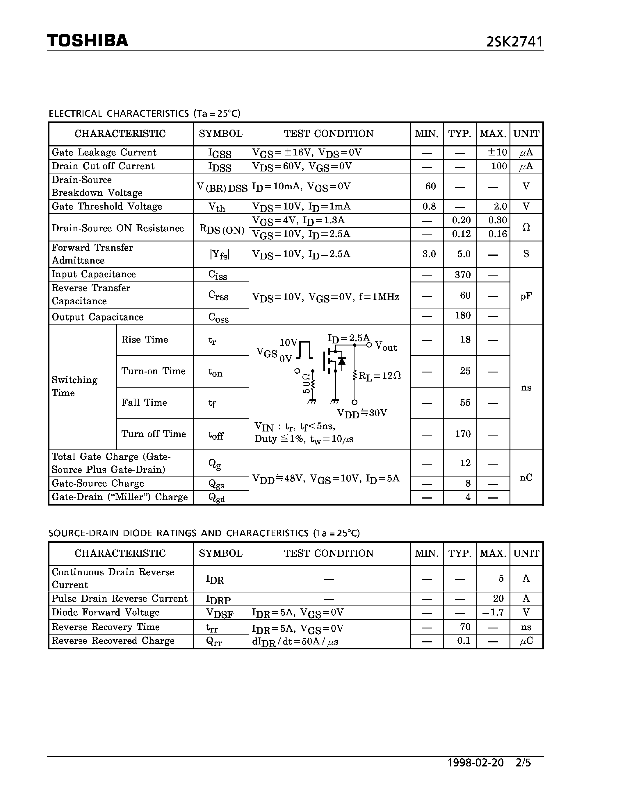 Datasheet 2SK2741 - N CHANNEL MOS TYPE (HIGH SPEED/ HIGH VOLTAGE SWITCHING/ CHOPPER REGULATOR/ DC-DC CONVERTER AND MOTOR DRIVE APPLICATIONS) page 2