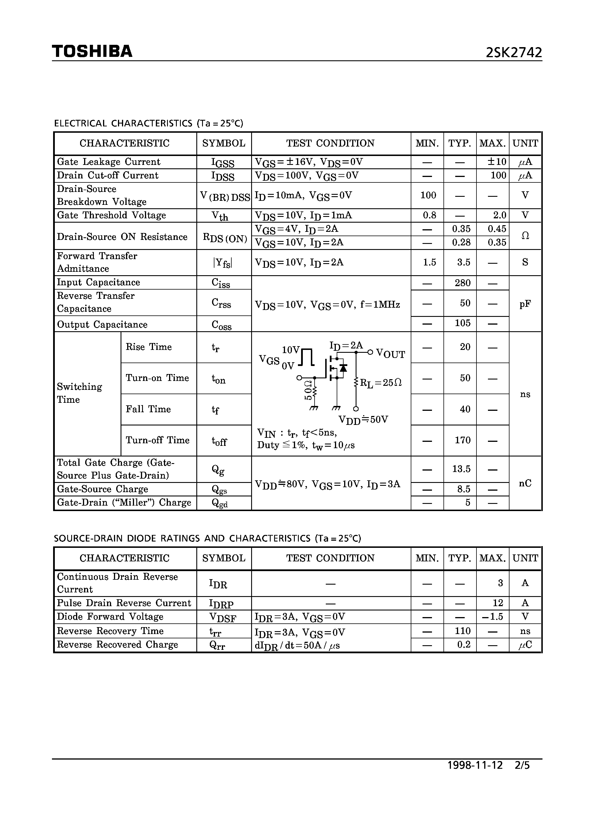 Datasheet 2SK2742 - N CHANNEL MOS TYPE (HIGH SPEED/ HIGH VOLTAGE SWITCHING/ CHOPPER REGULATOR/ DC-DC CONVERTER AND MOTOR DRIVE APPLICATIONS) page 2