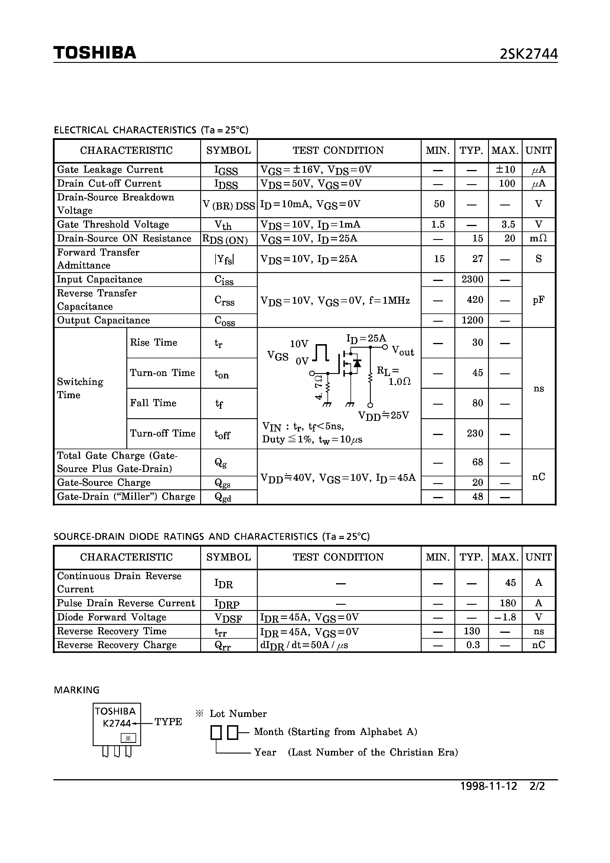 Datasheet 2SK2744 - N CHANNEL MOS TYPE (HIGH SPEED/ HIGH VOLTAGE SWITCHING/ CHOPPER REGULATOR/ DC-DC CONVERTER AND MOTOR DRIVE APPLICATIONS) page 2