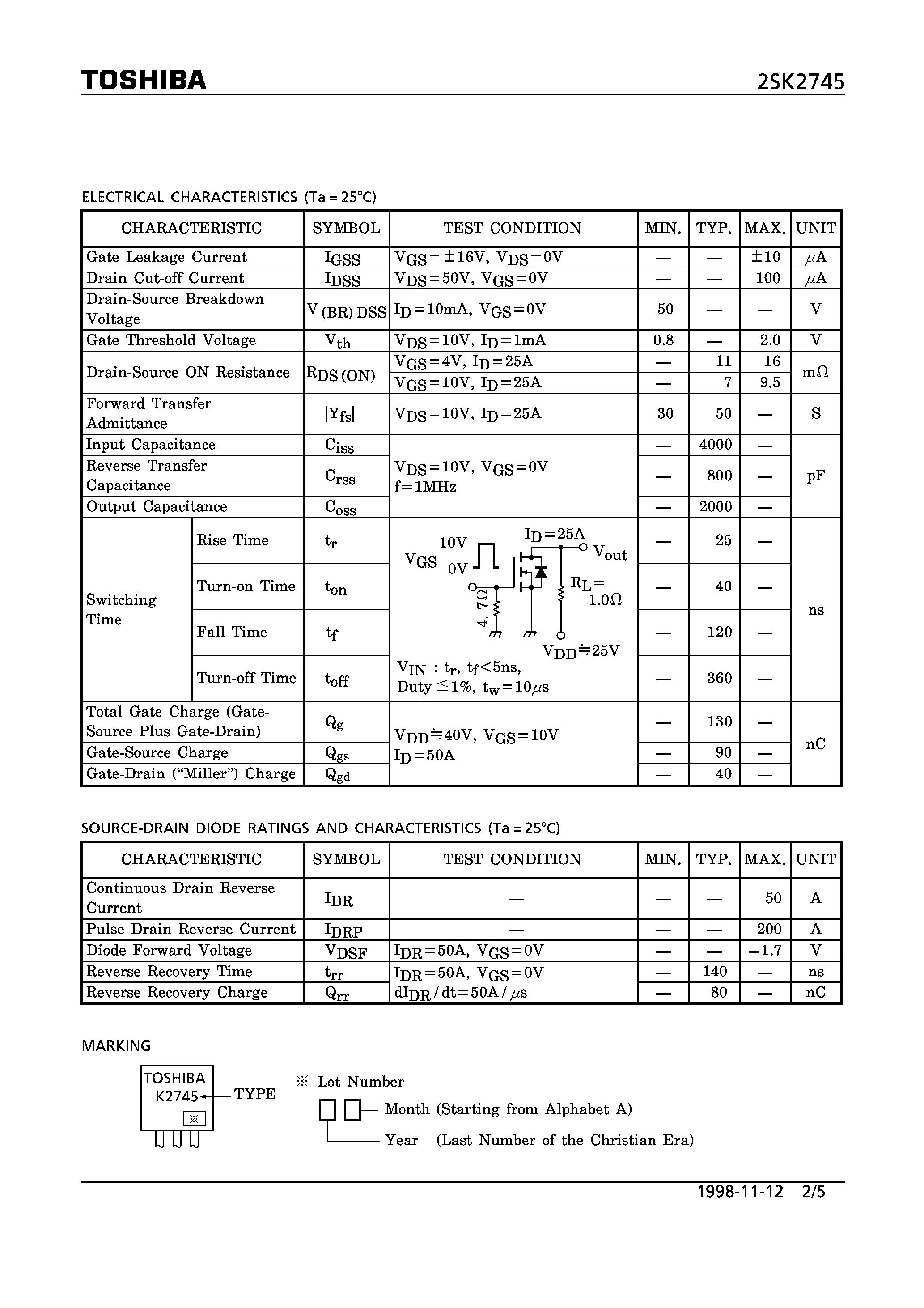 Datasheet 2SK2745 - N CHANNEL MOS TYPE (HIGH SPEED/ HIGH VOLTAGE SWITCHING/ CHOPPER REGULATOR/ DC-DC CONVERTER AND MOTOR DRIVE APPLICATIONS) page 2
