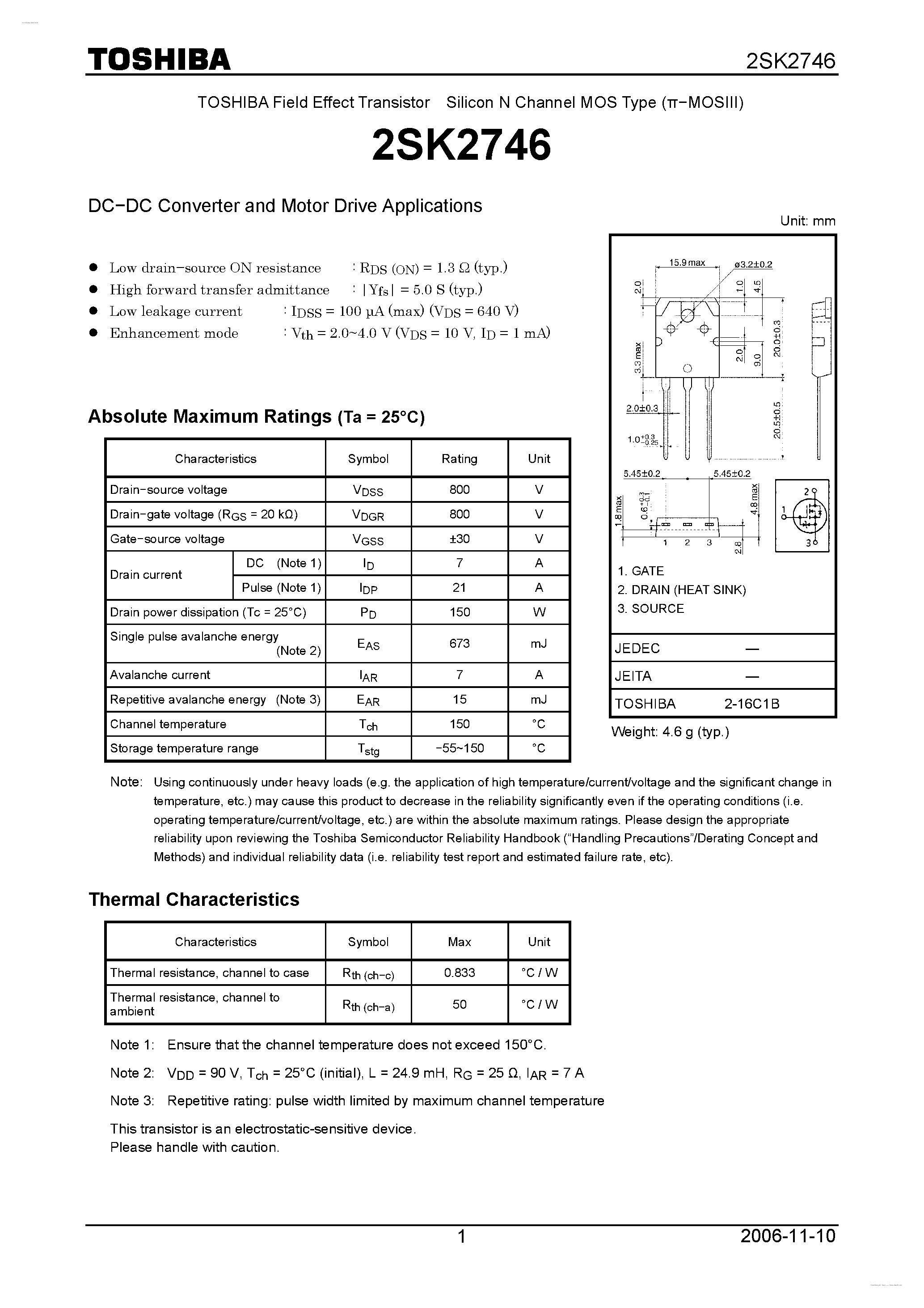 Datasheet 2SK2746 - N CHANNEL MOS TYPE (HIGH SPEED/ HIGH CURRENT SWITCHNG/ DC-DC CONVERTER AND MOTOR DRIVE APPLICATIONS) page 1