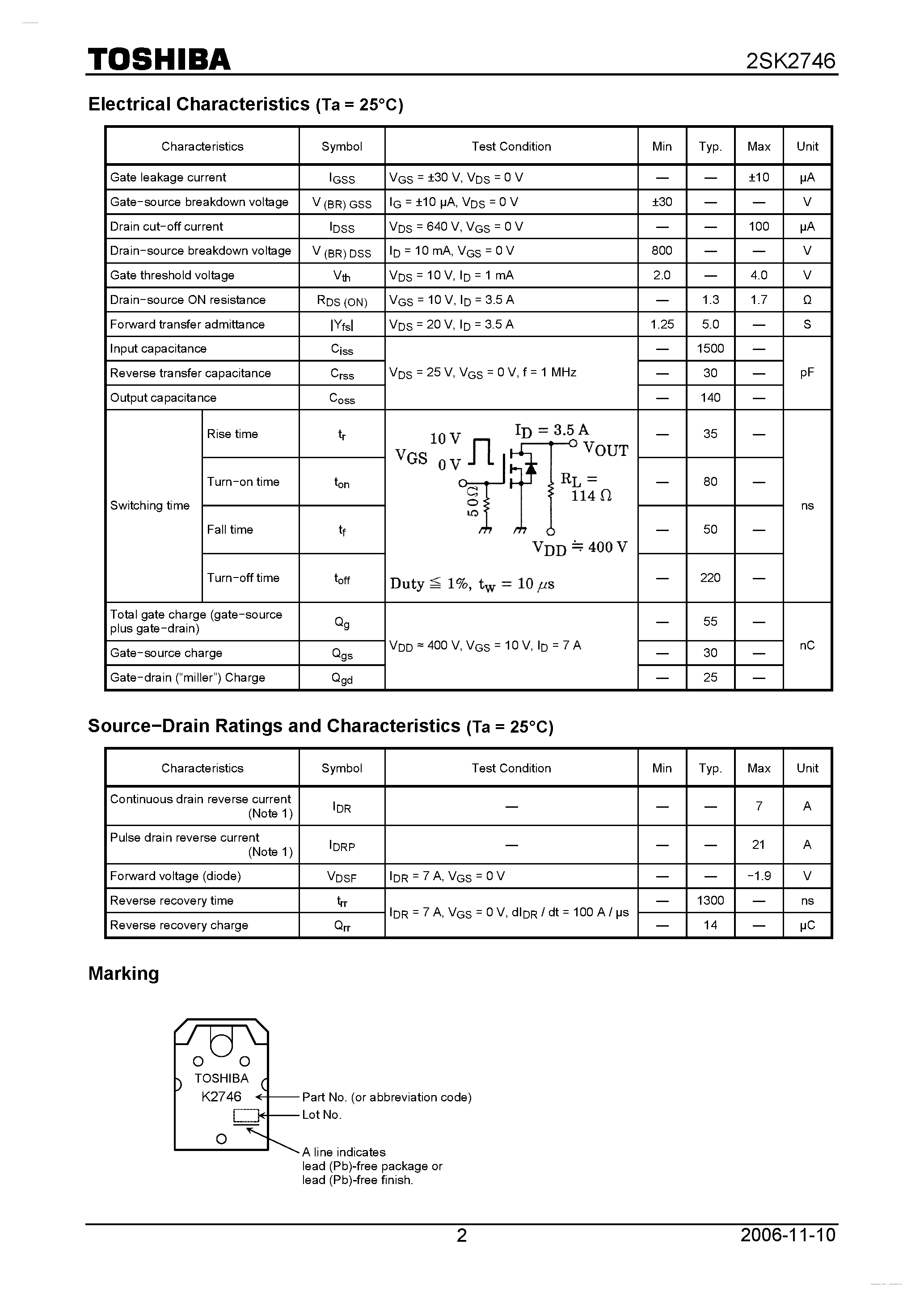 Datasheet 2SK2746 - N CHANNEL MOS TYPE (HIGH SPEED/ HIGH CURRENT SWITCHNG/ DC-DC CONVERTER AND MOTOR DRIVE APPLICATIONS) page 2