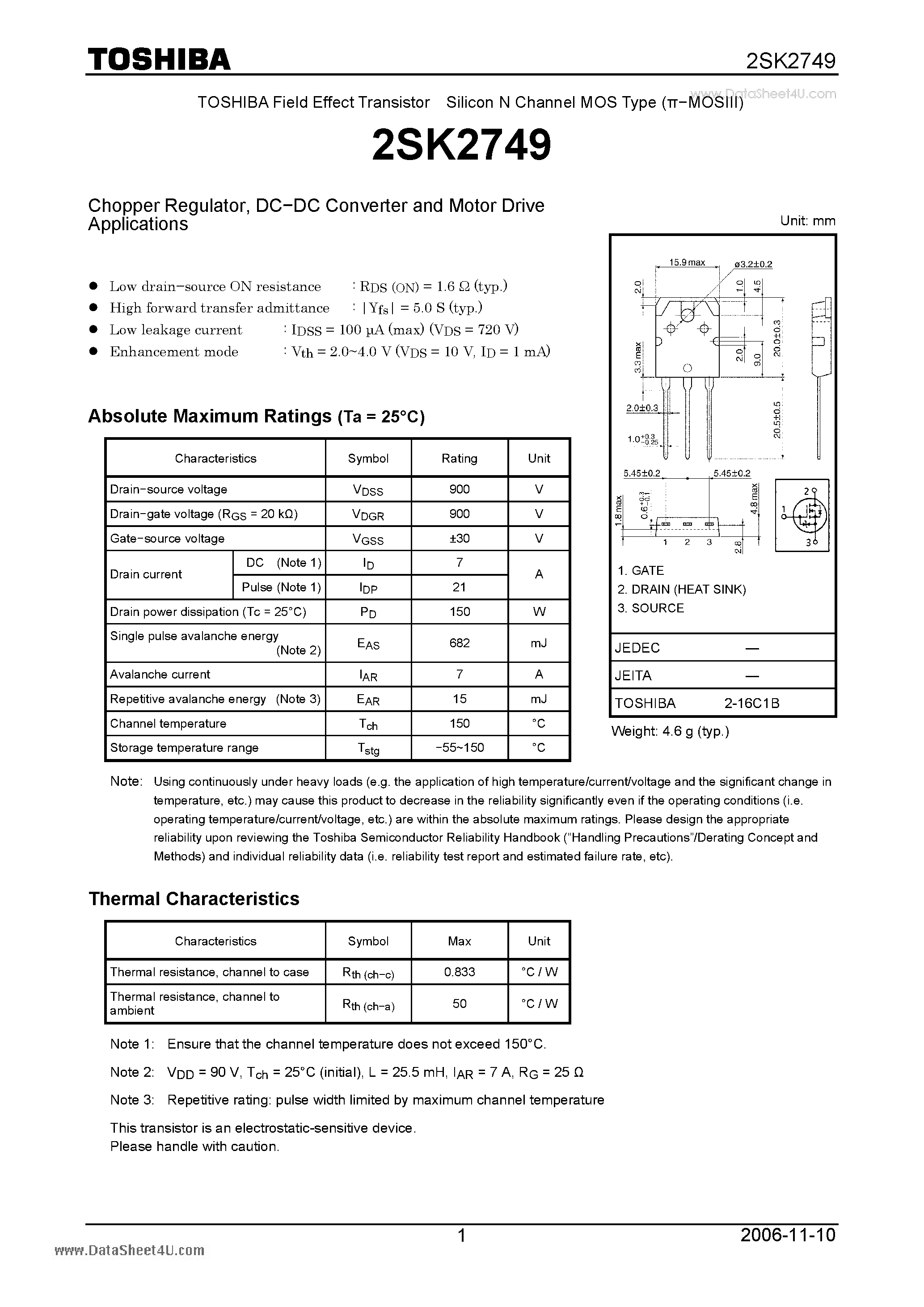 Datasheet 2SK2749 - N CHANNEL MOS TYPE (HIGH SPEED/ HIGH VOLTAGE SWITCHING/ CHOPPER REGULATOR/ DC-DC CONVERTER AND MOTOR DRIVE APPLICATIONS) page 1
