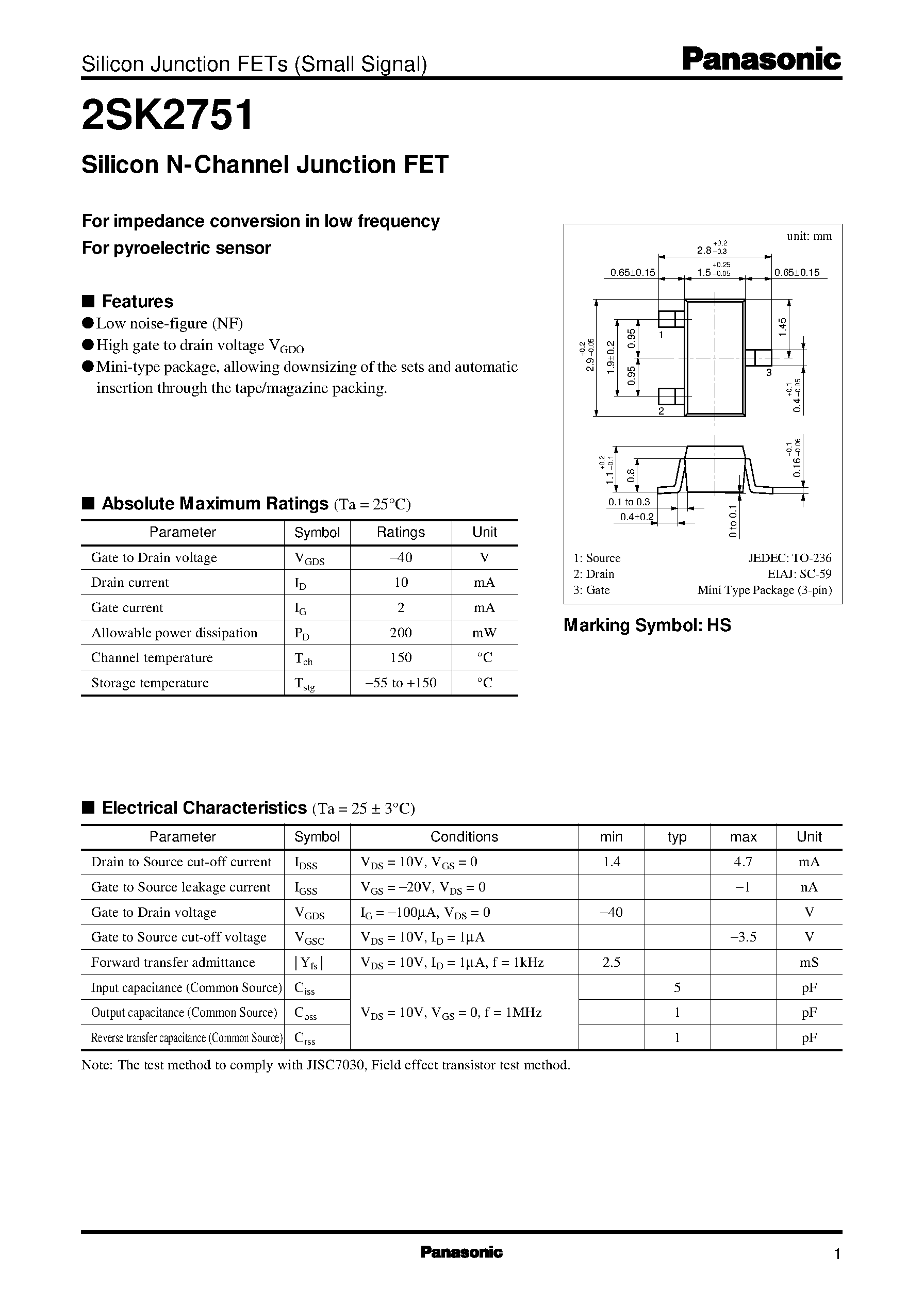 Datasheet 2SK2751 - Silicon N-Channel Junction FET page 1