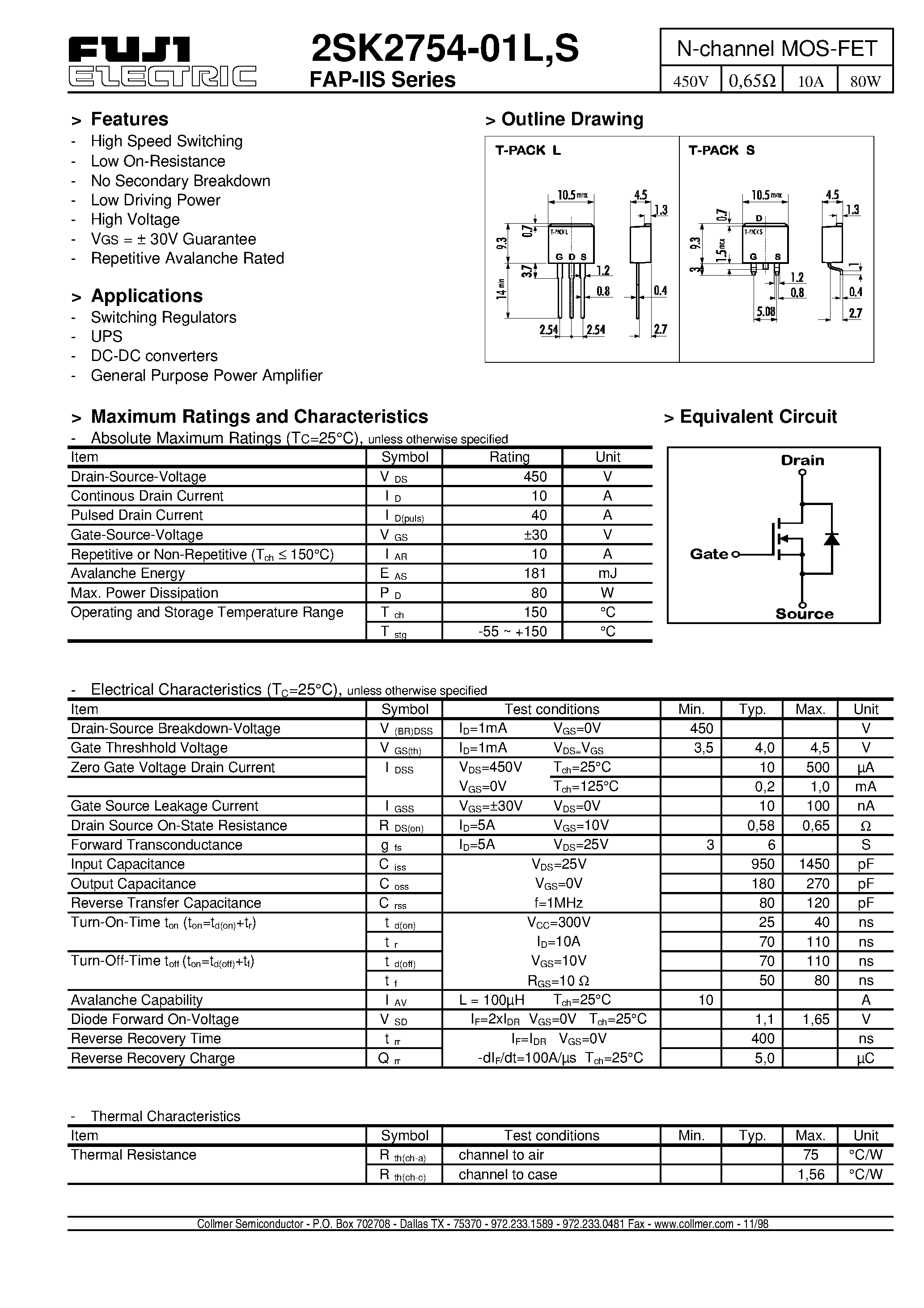 Datasheet 2SK2754-01L - N-channel MOS-FET page 1