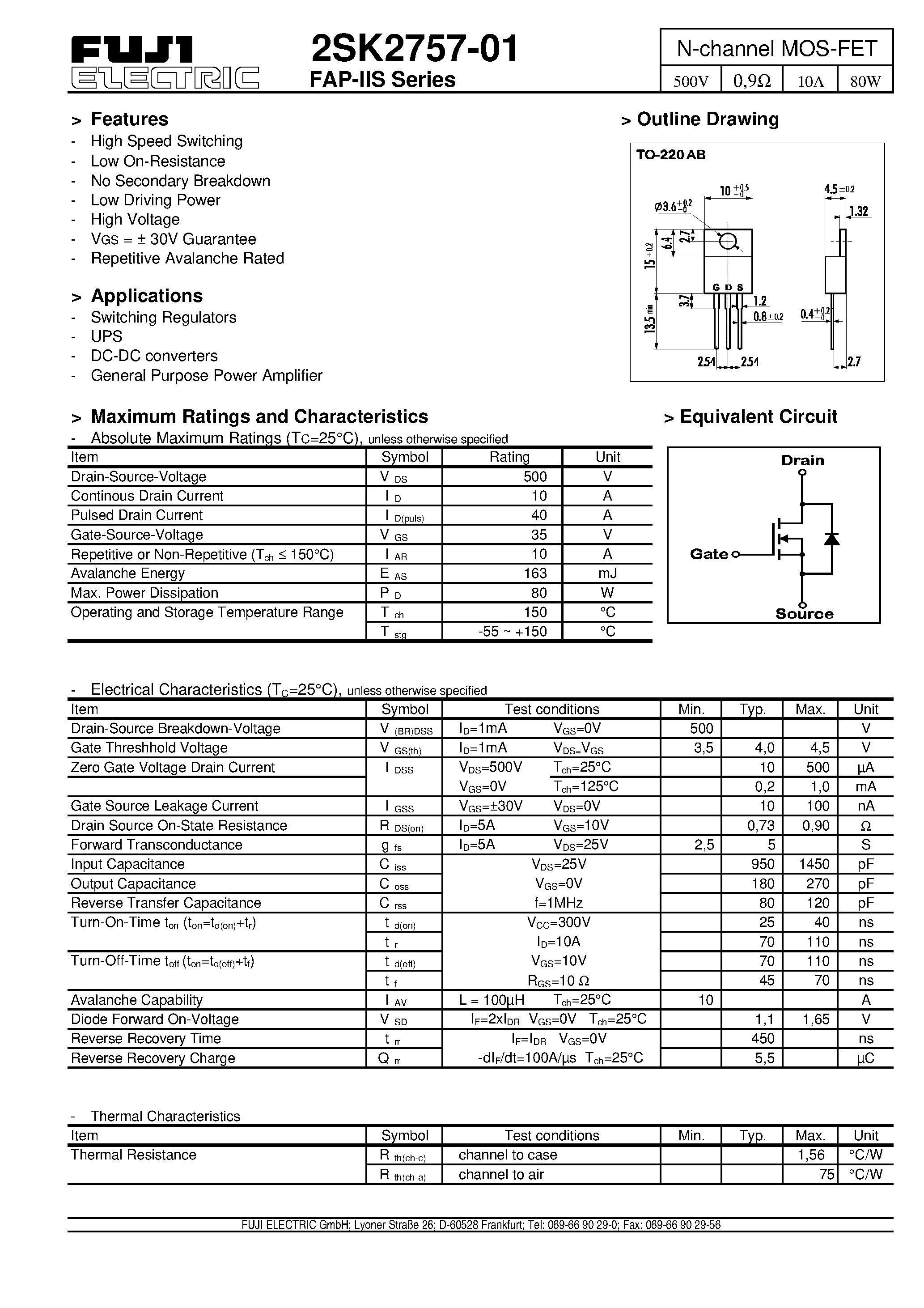 Datasheet 2SK2757-01 - N-channel MOS-FET page 1
