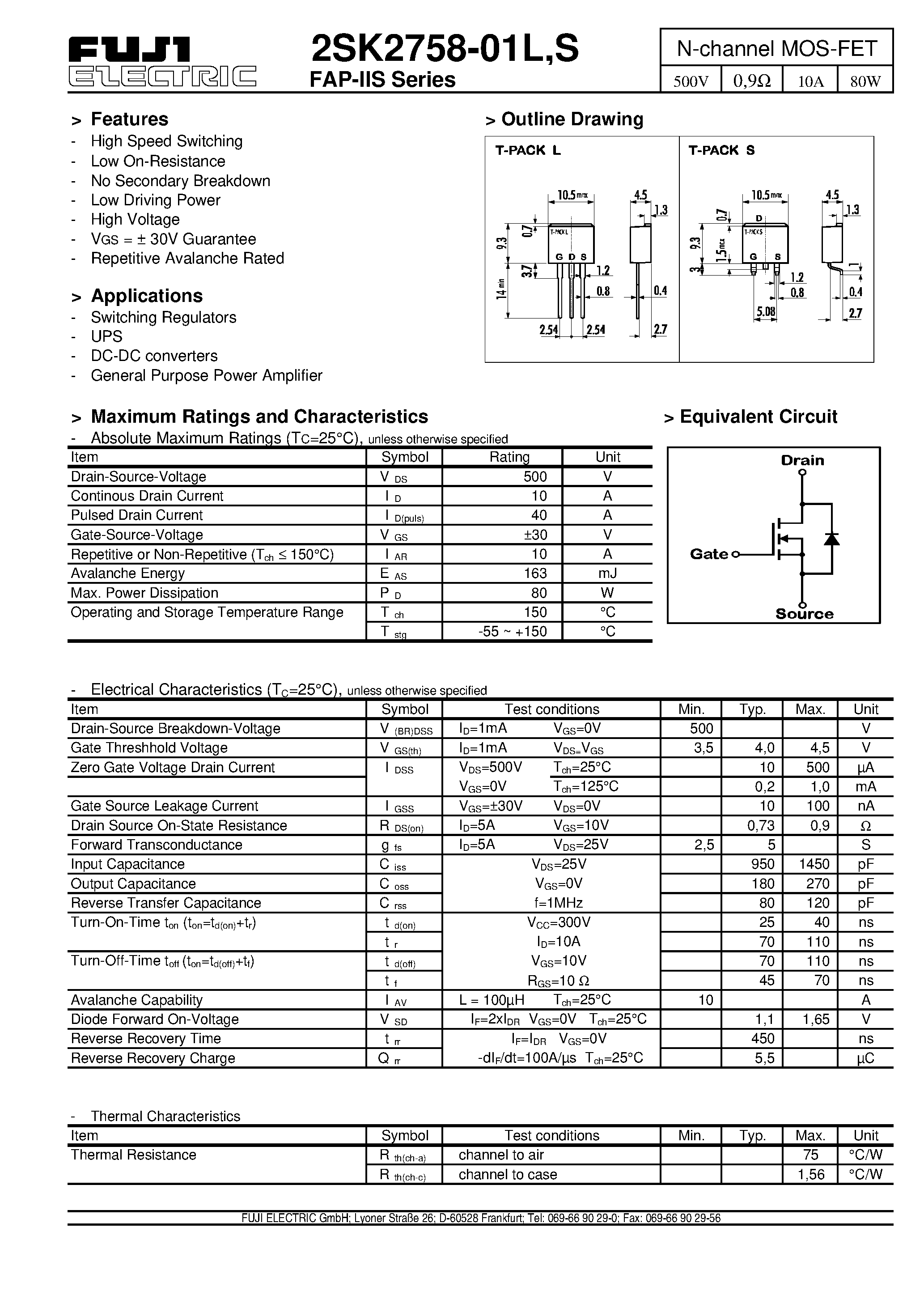 Datasheet 2SK2758-01S - N-channel MOS-FET page 1