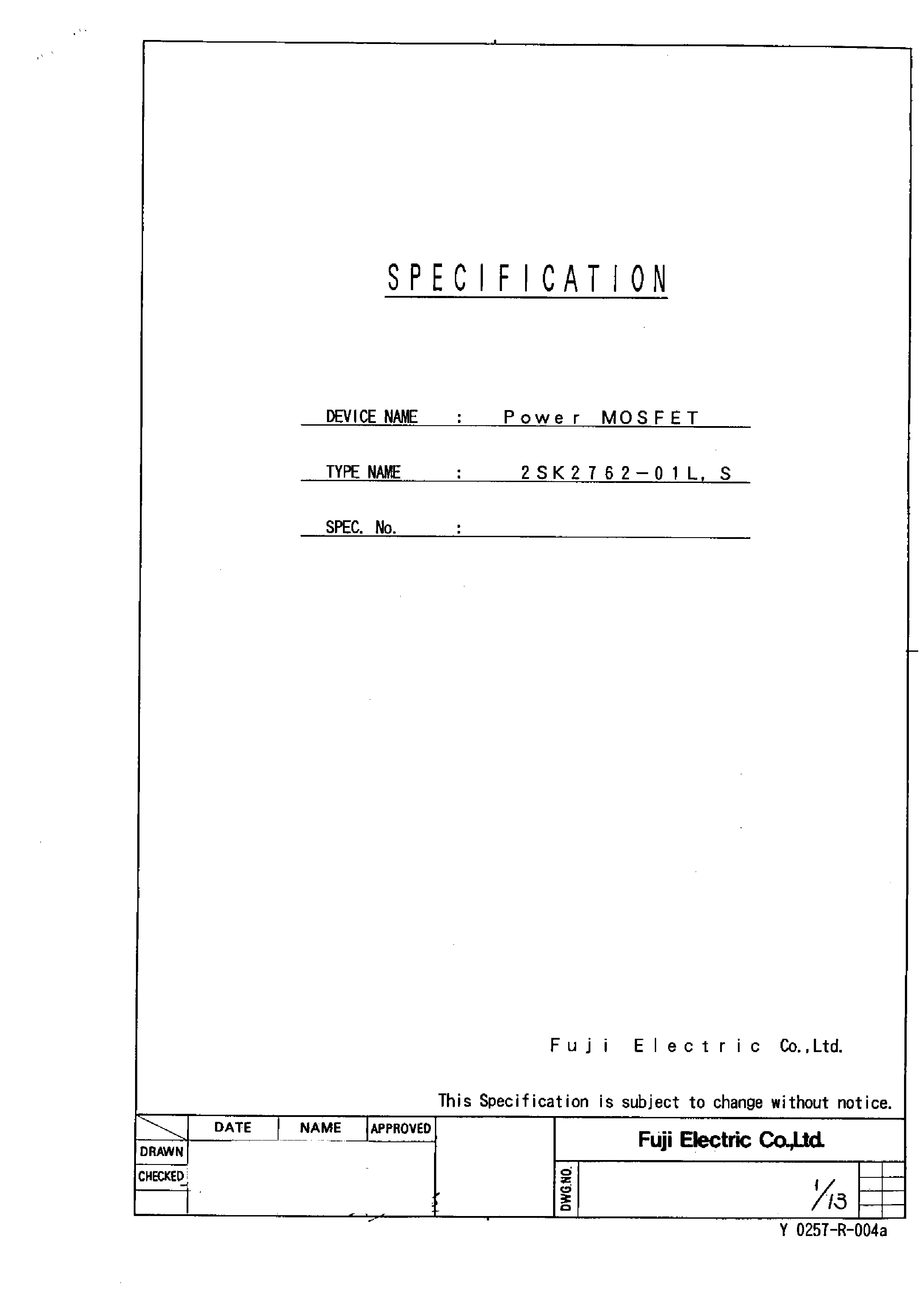 Datasheet 2SK2762 - Power MOSFET page 1