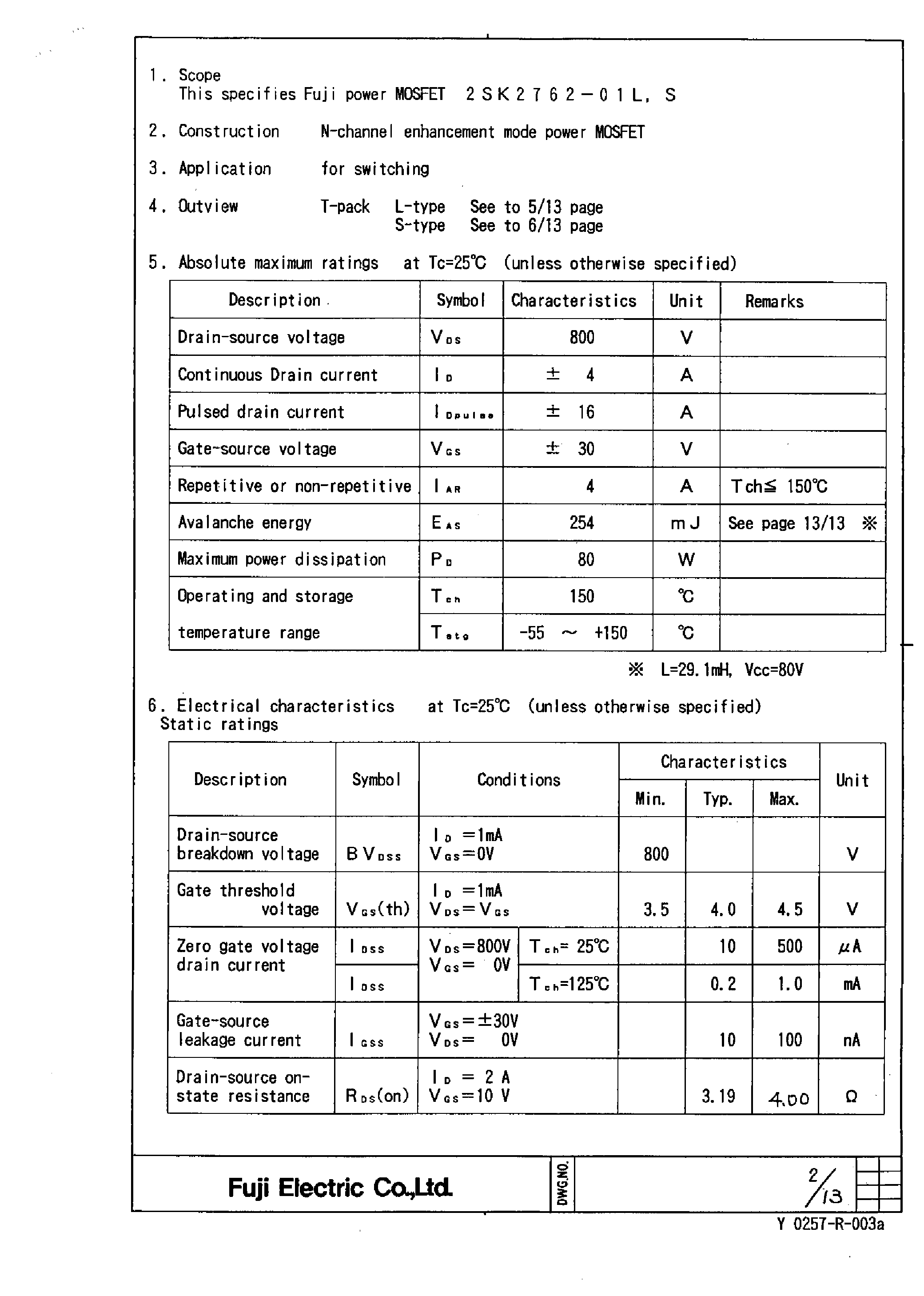 Datasheet 2SK2762-01S - Power MOSFET page 2