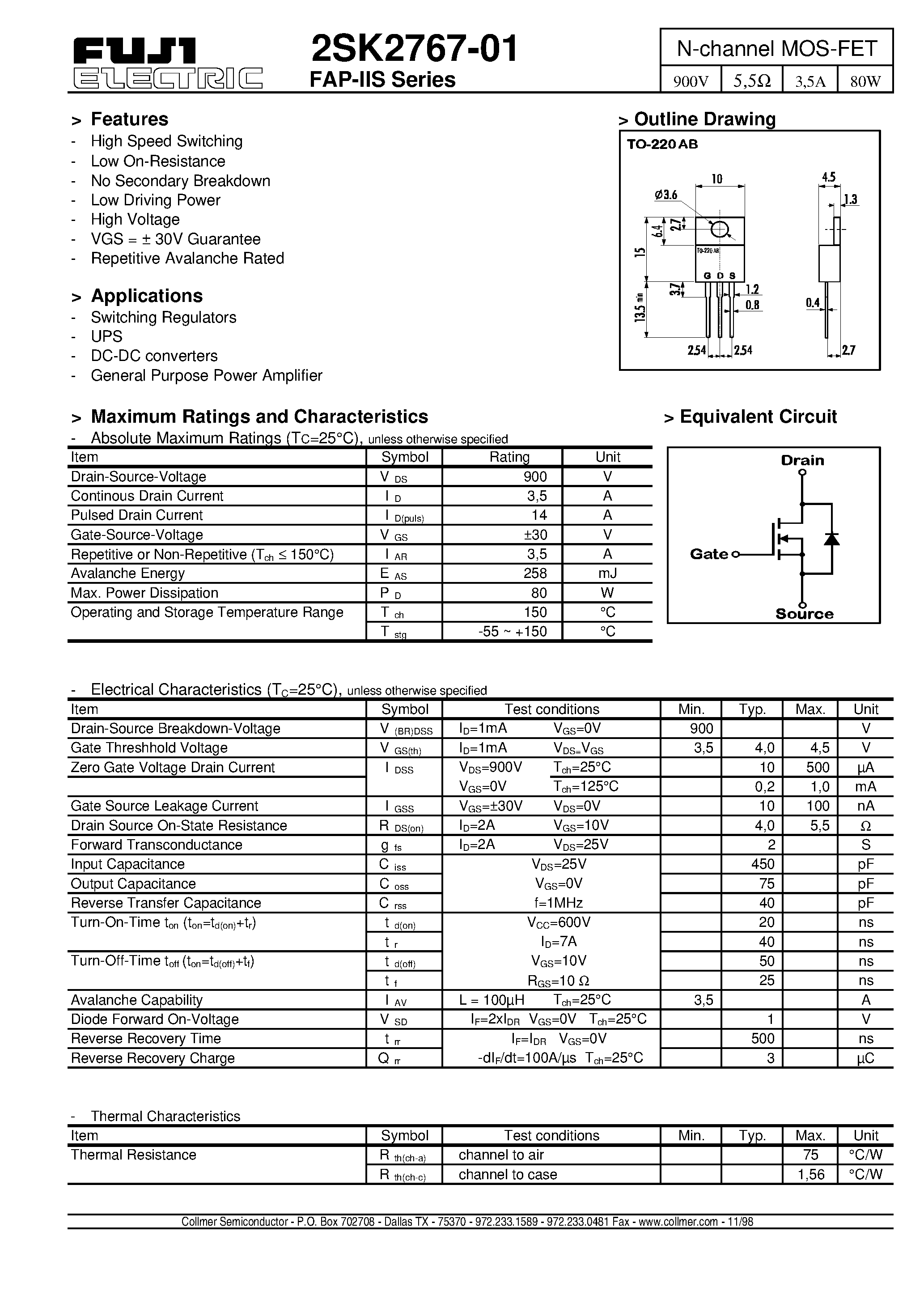 Datasheet 2SK2767-01 - N-channel MOS-FET page 1