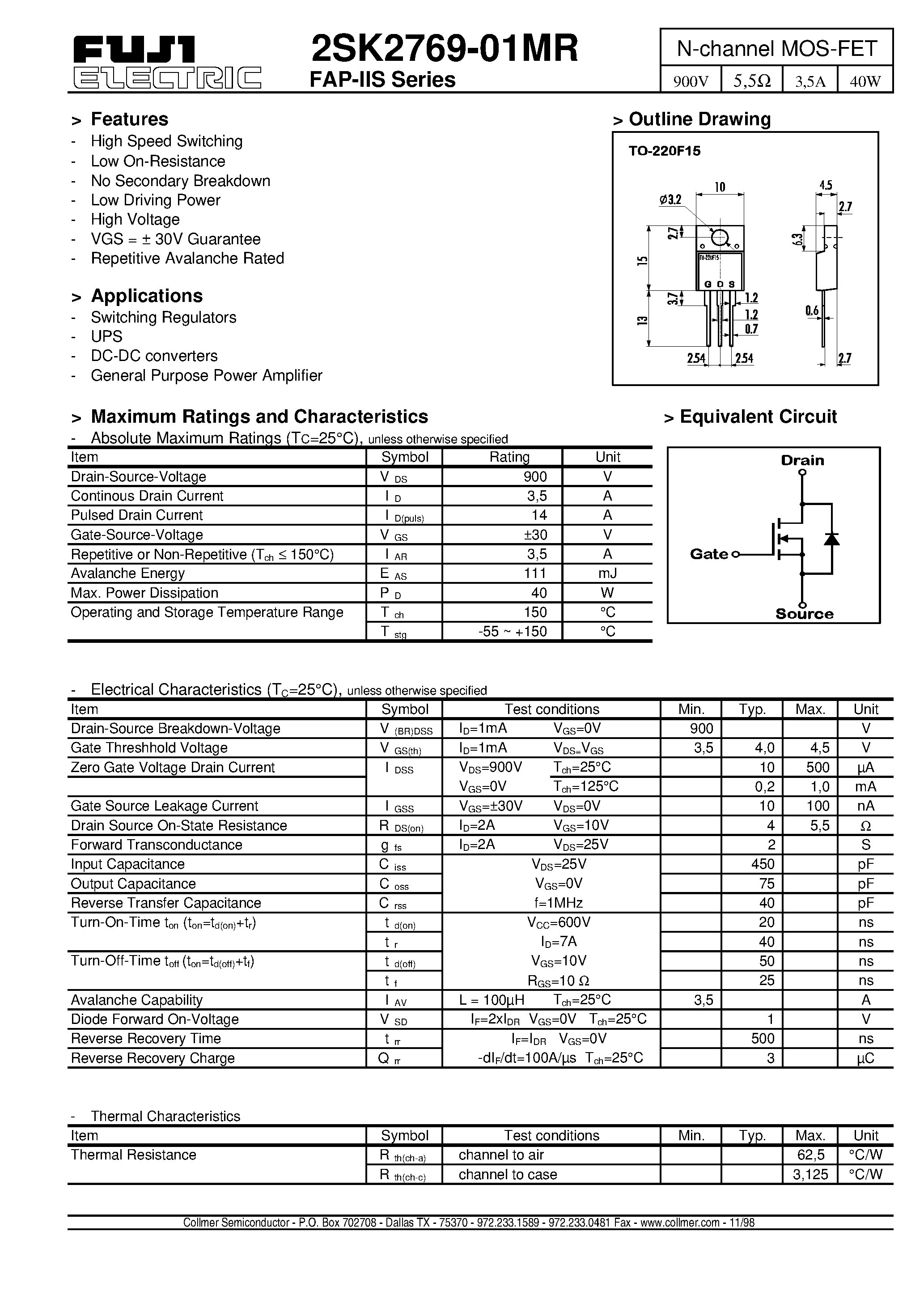 Datasheet 2SK2769-01MR - N-channel MOS-FET page 1
