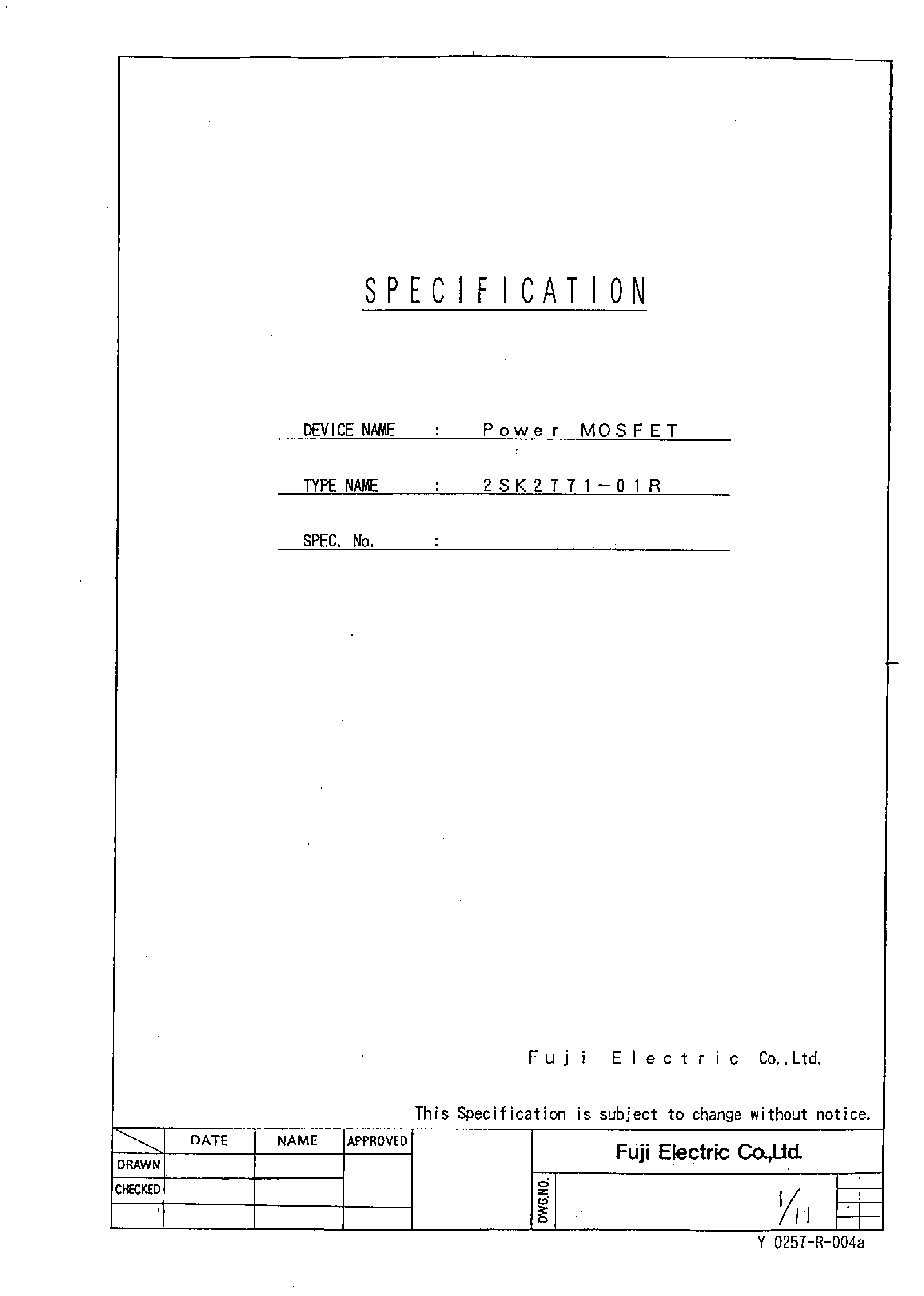 Datasheet 2SK2771-01R - Power MOSFET page 1