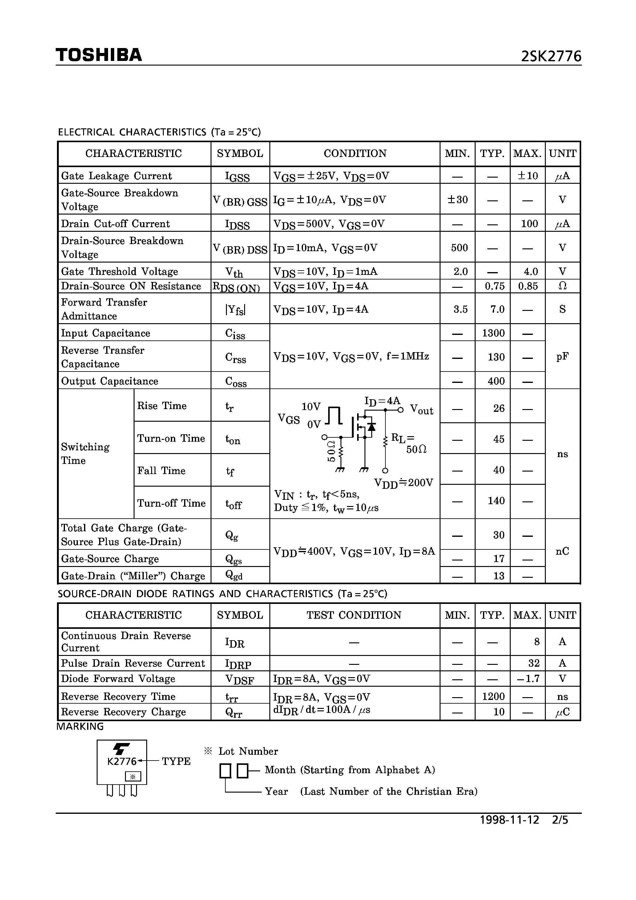 Datasheet 2SK2776 - N CHANNEL MOS TYPE (HIGH SPEED/ HIGH VOLTAGE SWITCHING/ CHOPPER REGULATOR/ DC-DC CONVERTER AND MOTOR DRIVE APPLICATIONS) page 2