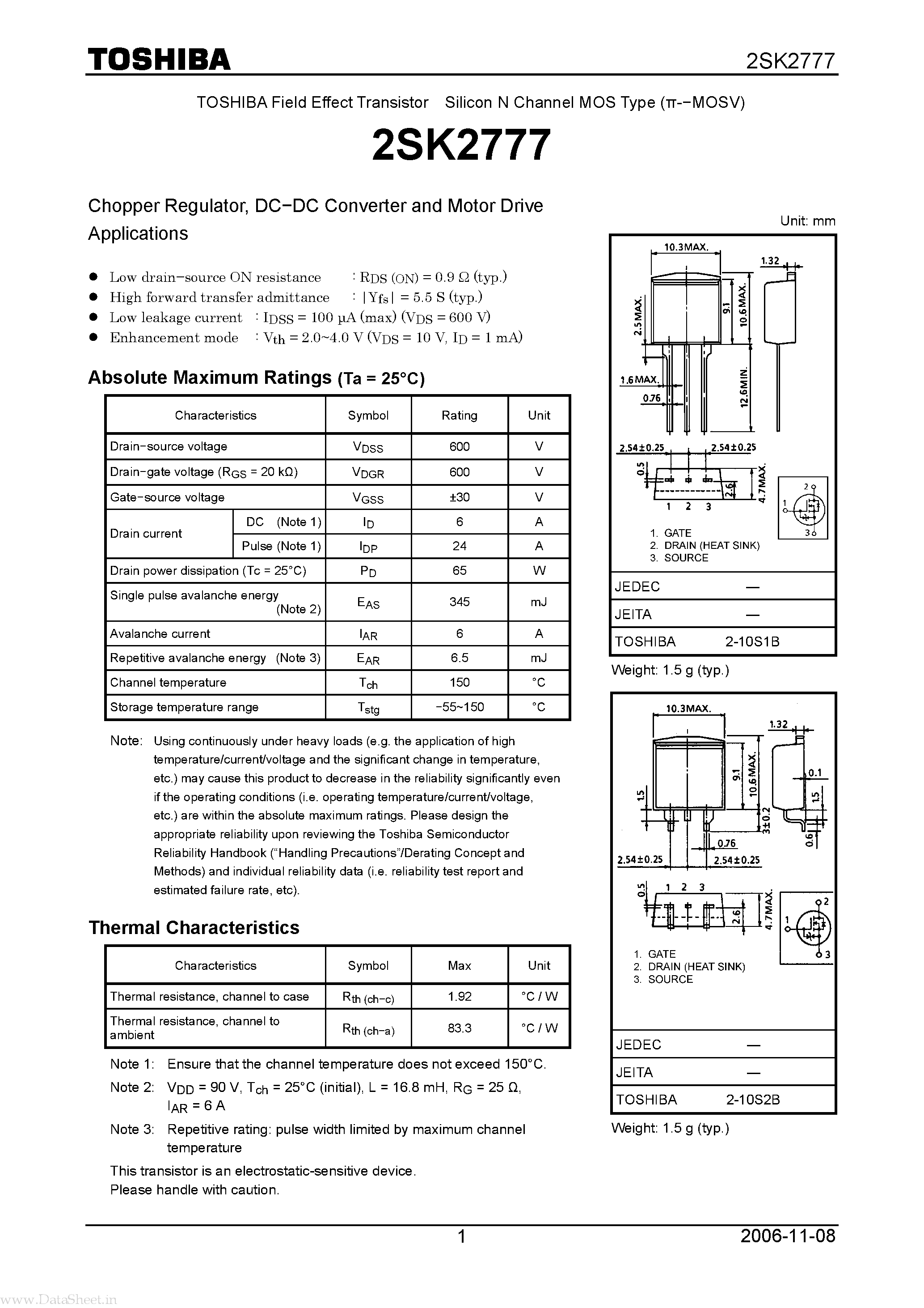 Datasheet 2SK2777 - N CHANNEL MOS TYPE (HIGH SPEED/ HIGH CURRENT SWITCHING APPLICATIONS CHOPPER REGULATOR/ DC-DC CONVERTER AND MOTOR DRIVE APPLICATIONS) page 1