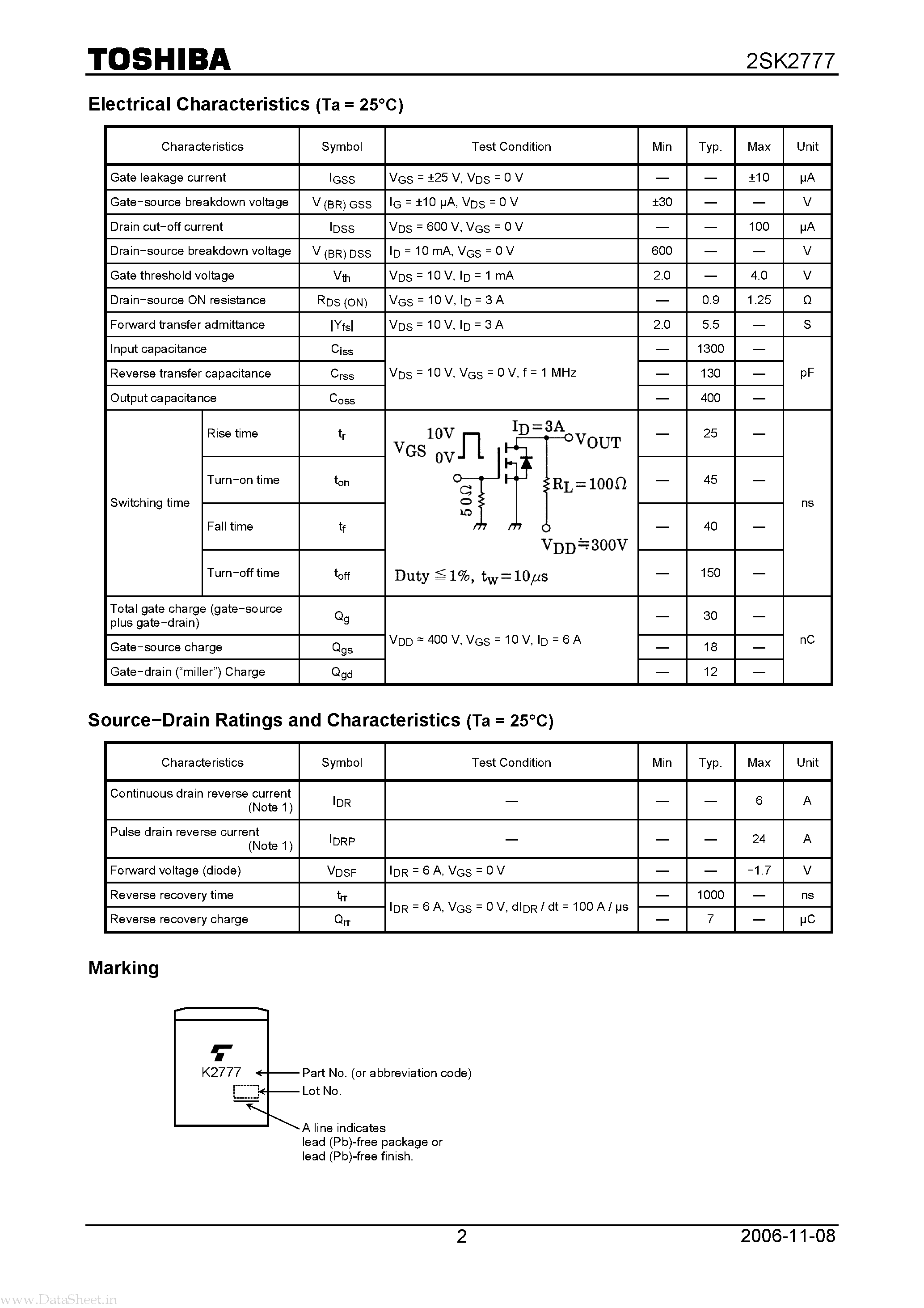 Datasheet 2SK2777 - N CHANNEL MOS TYPE (HIGH SPEED/ HIGH CURRENT SWITCHING APPLICATIONS CHOPPER REGULATOR/ DC-DC CONVERTER AND MOTOR DRIVE APPLICATIONS) page 2