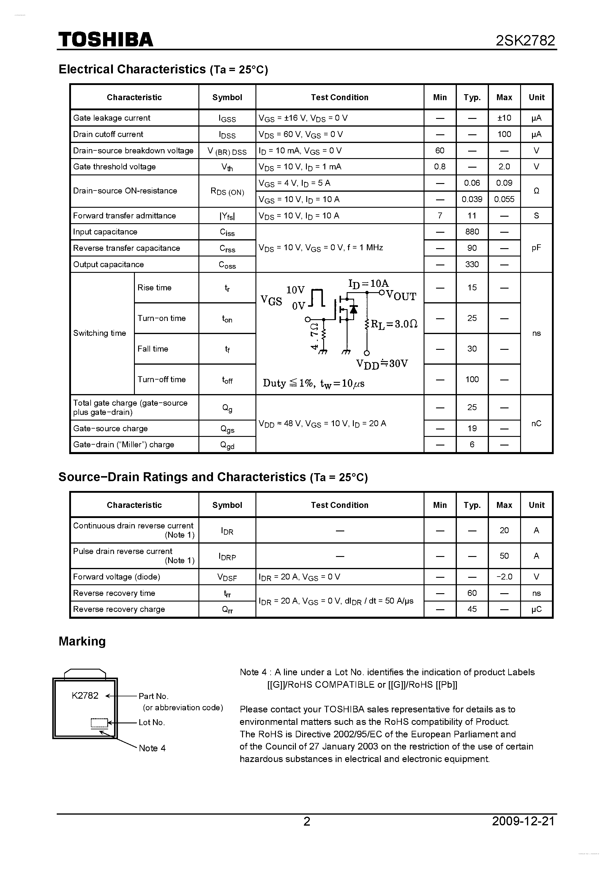 Datasheet 2SK2782 - N CHANNEL MOS TYPE (HIGH SPEED/ HIGH CURRENT SWITCHING APPLICATIONS CHOPPER REGULATOR/ DC-DC CONVERTER AND MOTOR DRIVE APPLICATIONS) page 2