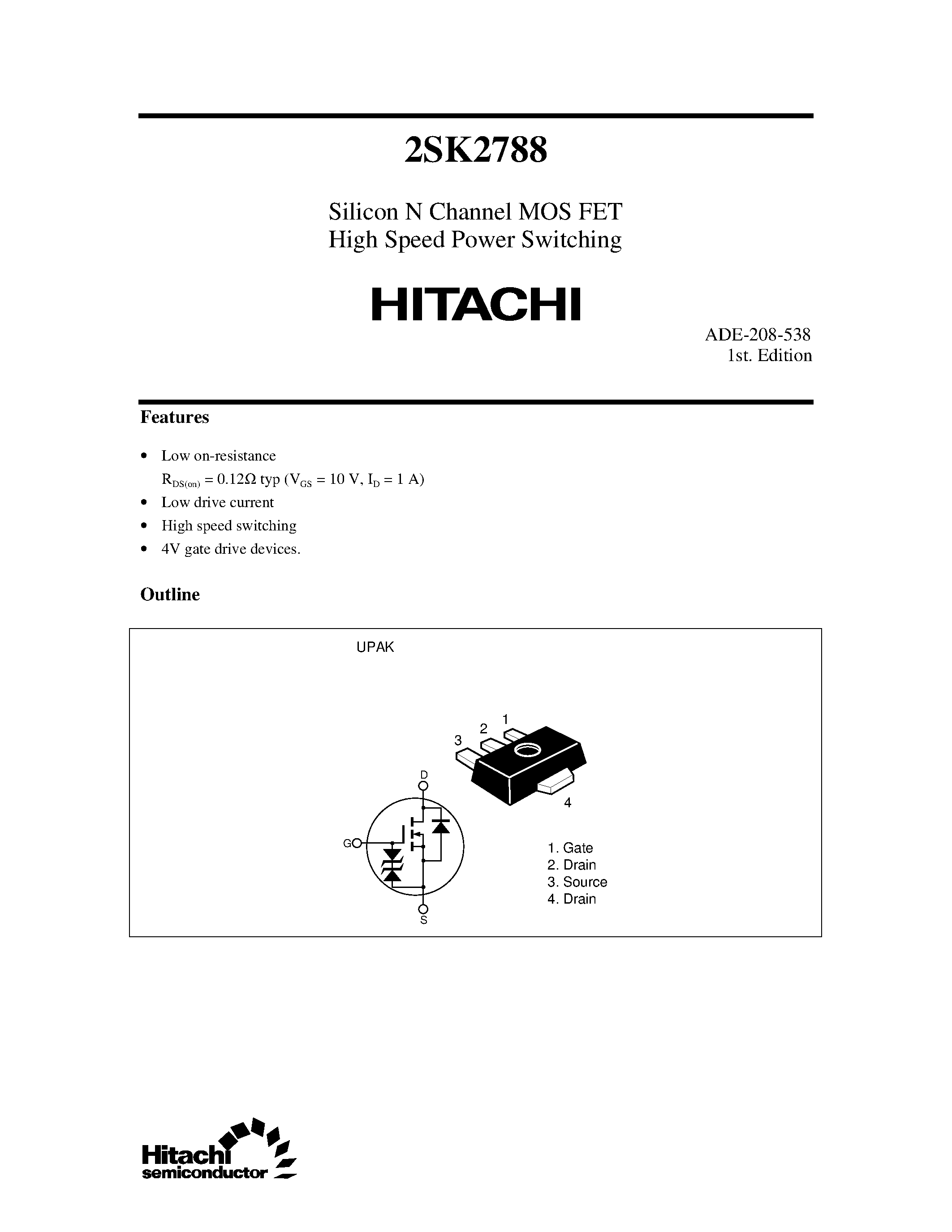 Datasheet 2SK2788 page 1 Datasheet 2SK2788 - Silicon N Channel MOS FET High Speed Power Switching page 1