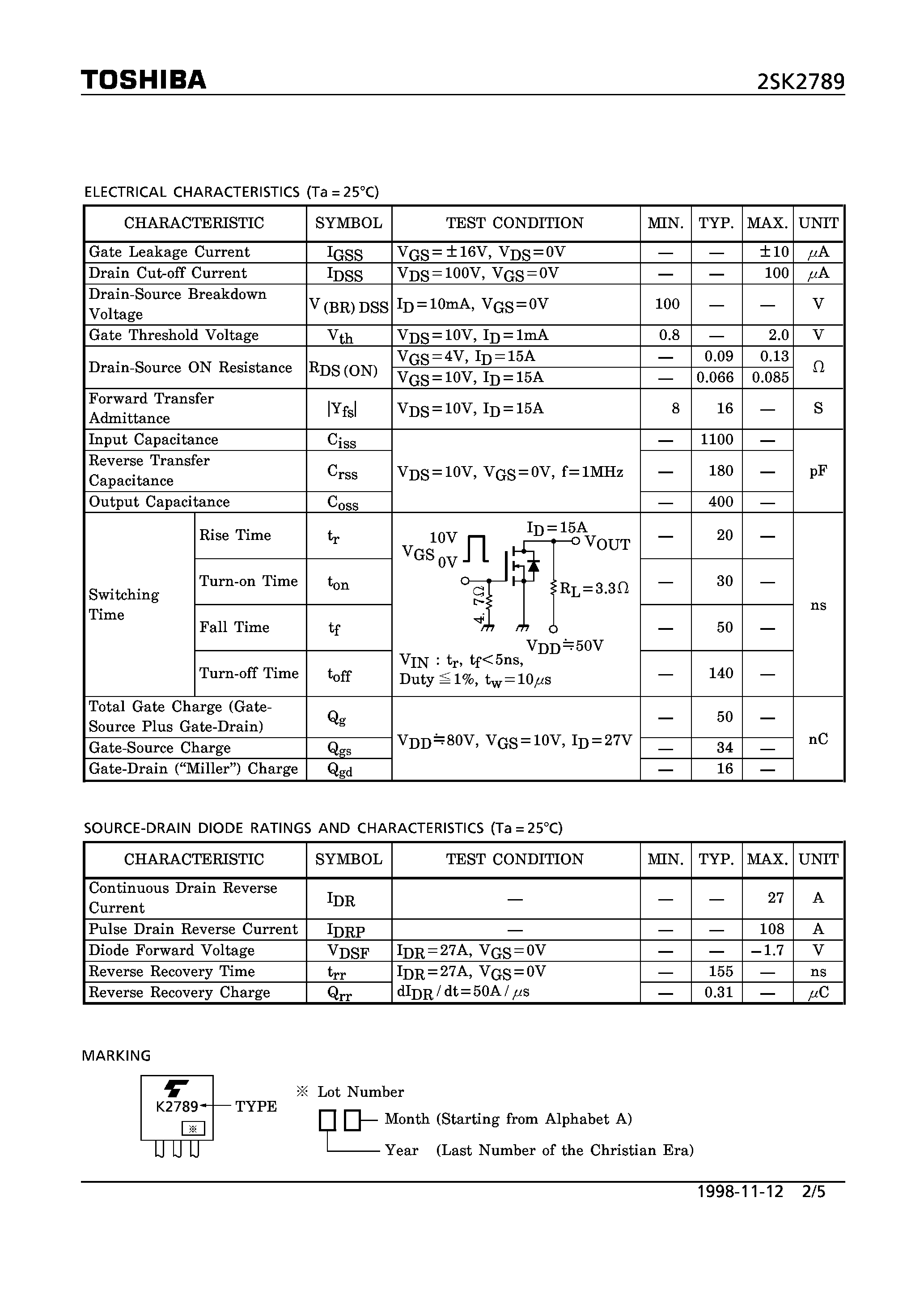 Datasheet 2SK2789 - N CHANNEL MOS TYPE (HIGH SPEED/ HIGH CURRENT SWITCHING APPLICATIONS CHOPPER REGULATOR/ DC-DC CONVERTER AND MOTOR DRIVE APPLICATIONS) page 2