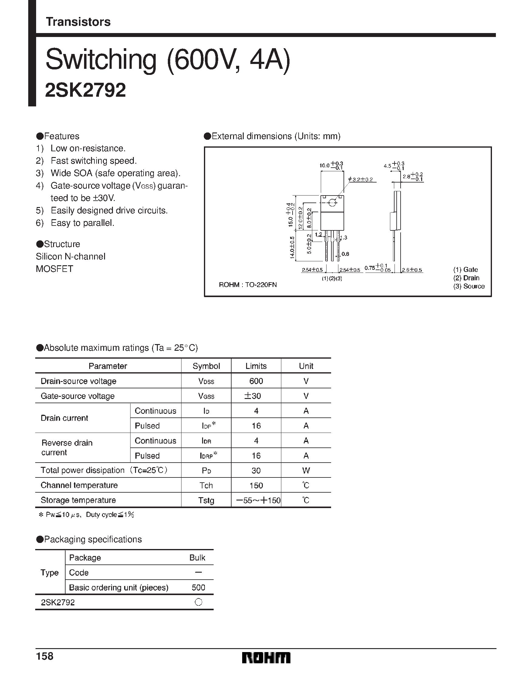Datasheet 2SK2792 - Switching (600V/ 4A) page 1