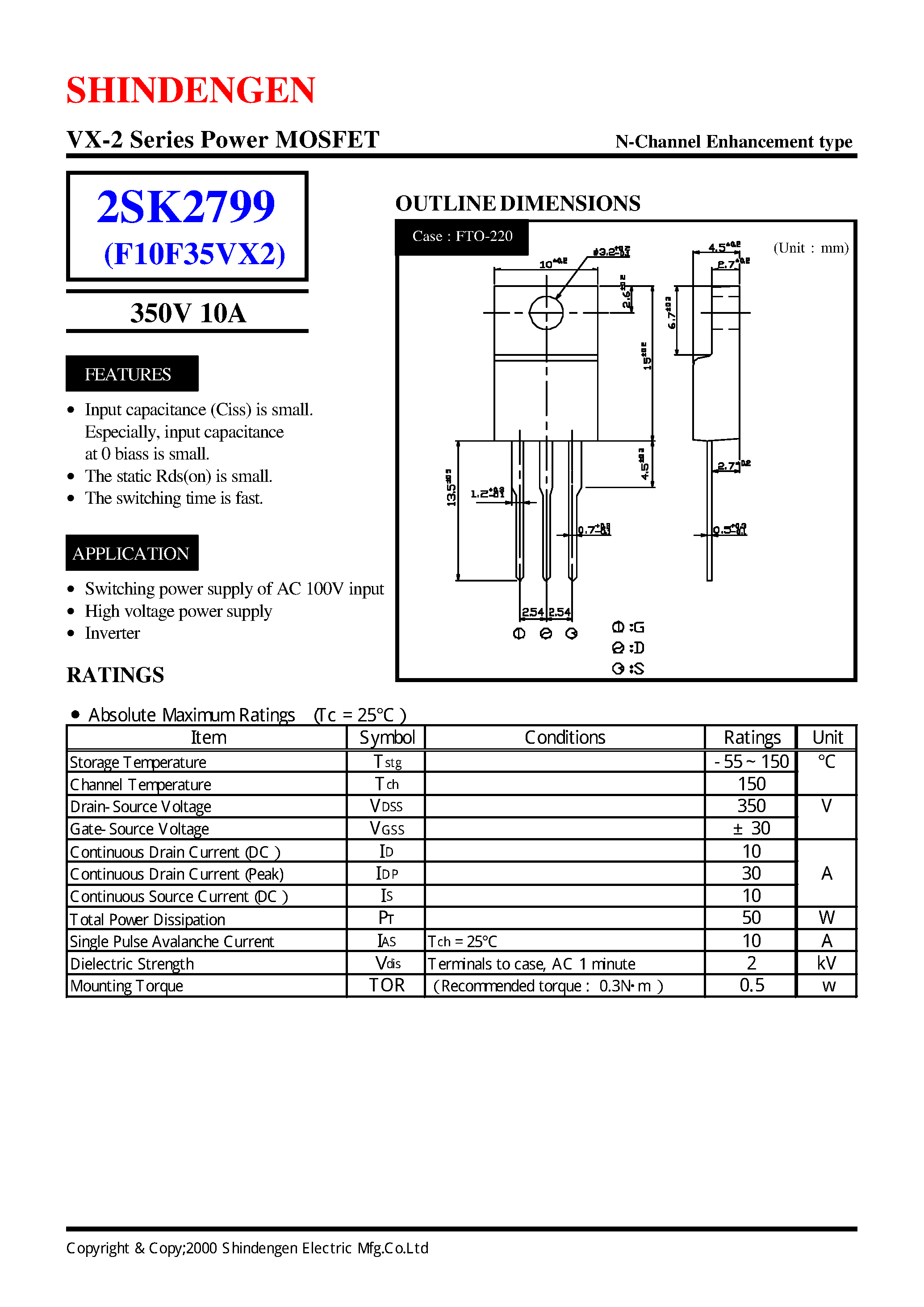 Datasheet 2SK2799 - VX-2 Series Power MOSFET(350V 10A) page 1