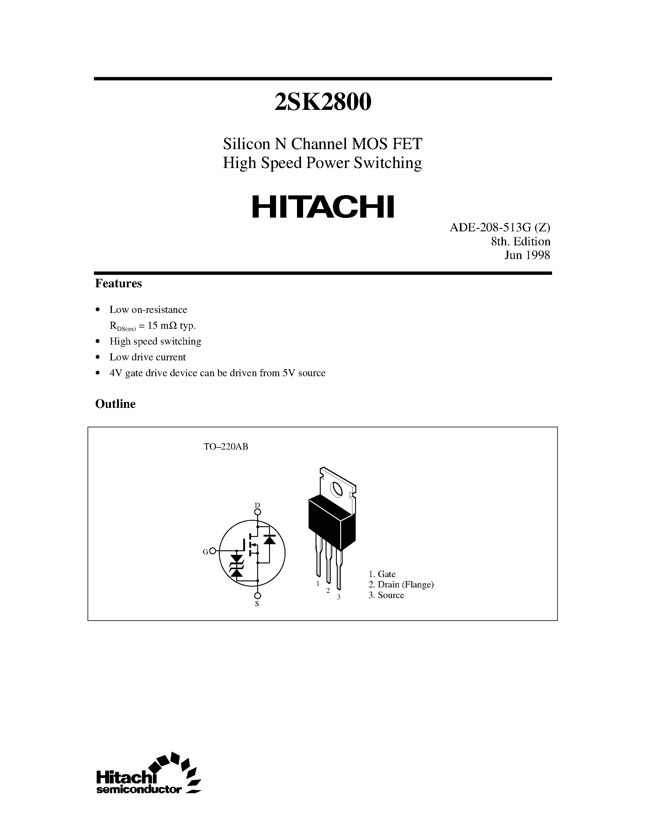 Datasheet 2SK2800 - Silicon N Channel MOS FET High Speed Power Switching page 1