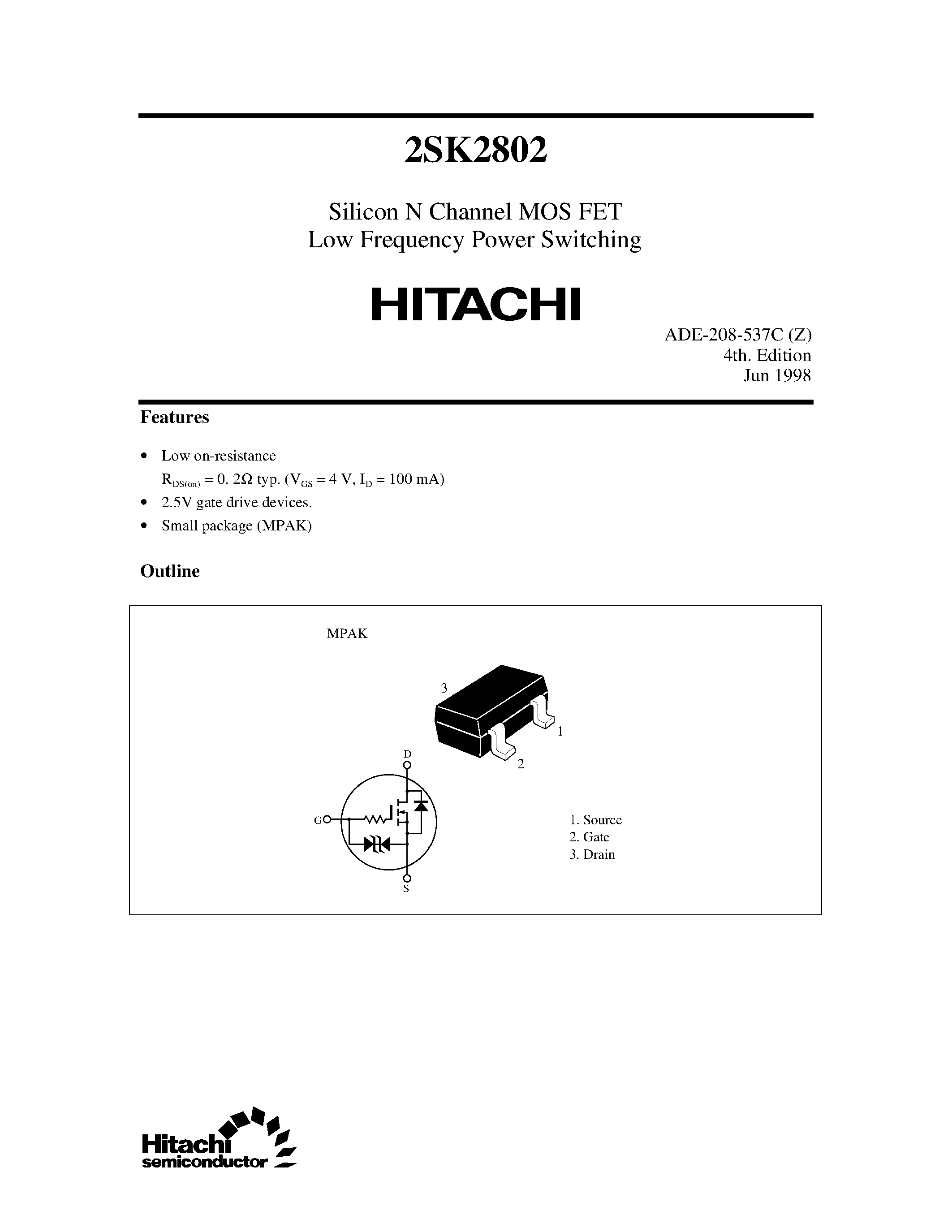 Datasheet 2SK2802 - Silicon N Channel MOS FET Low Frequency Power Switching page 1