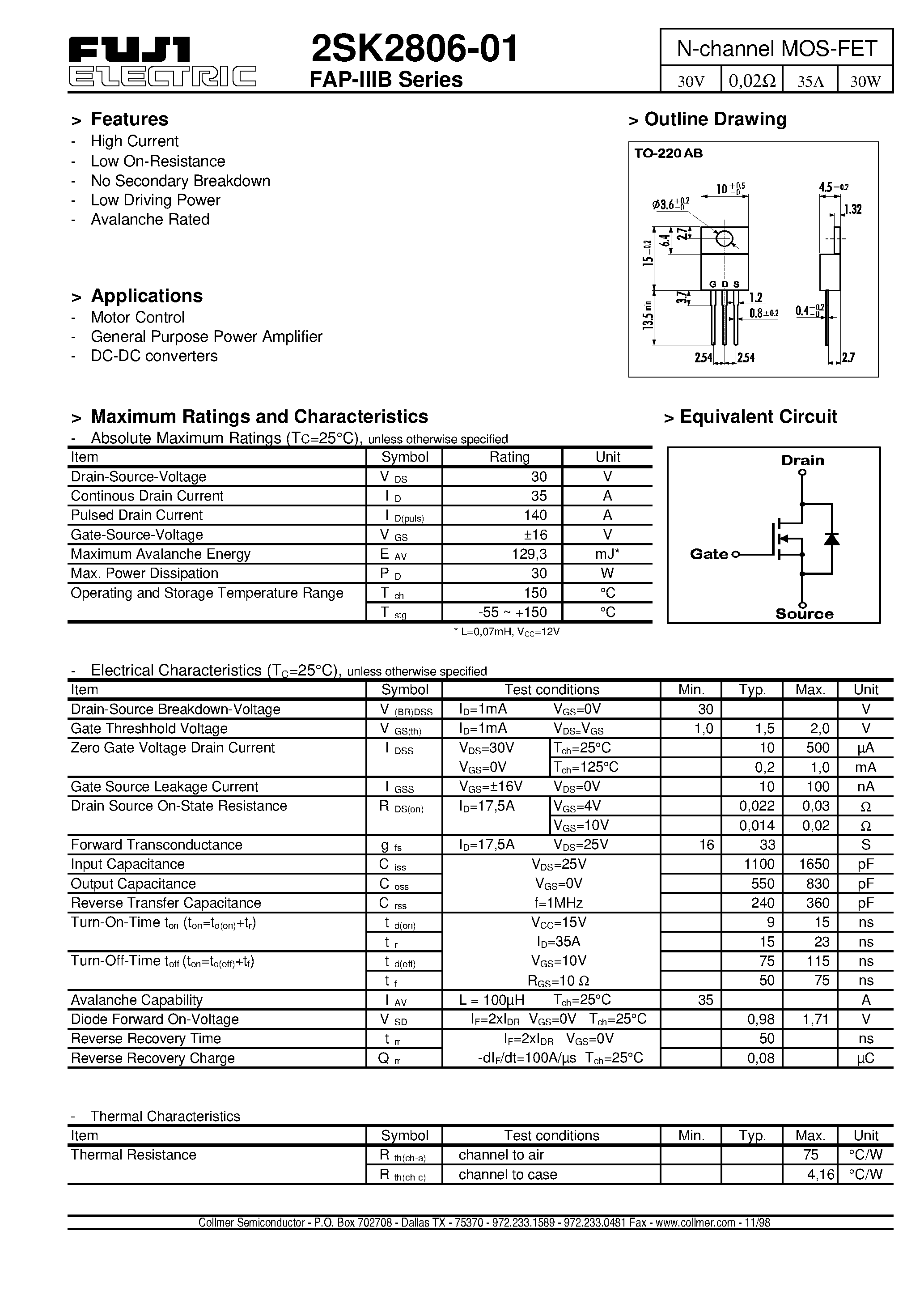 Datasheet 2SK2806 - N-channel MOS-FET page 1