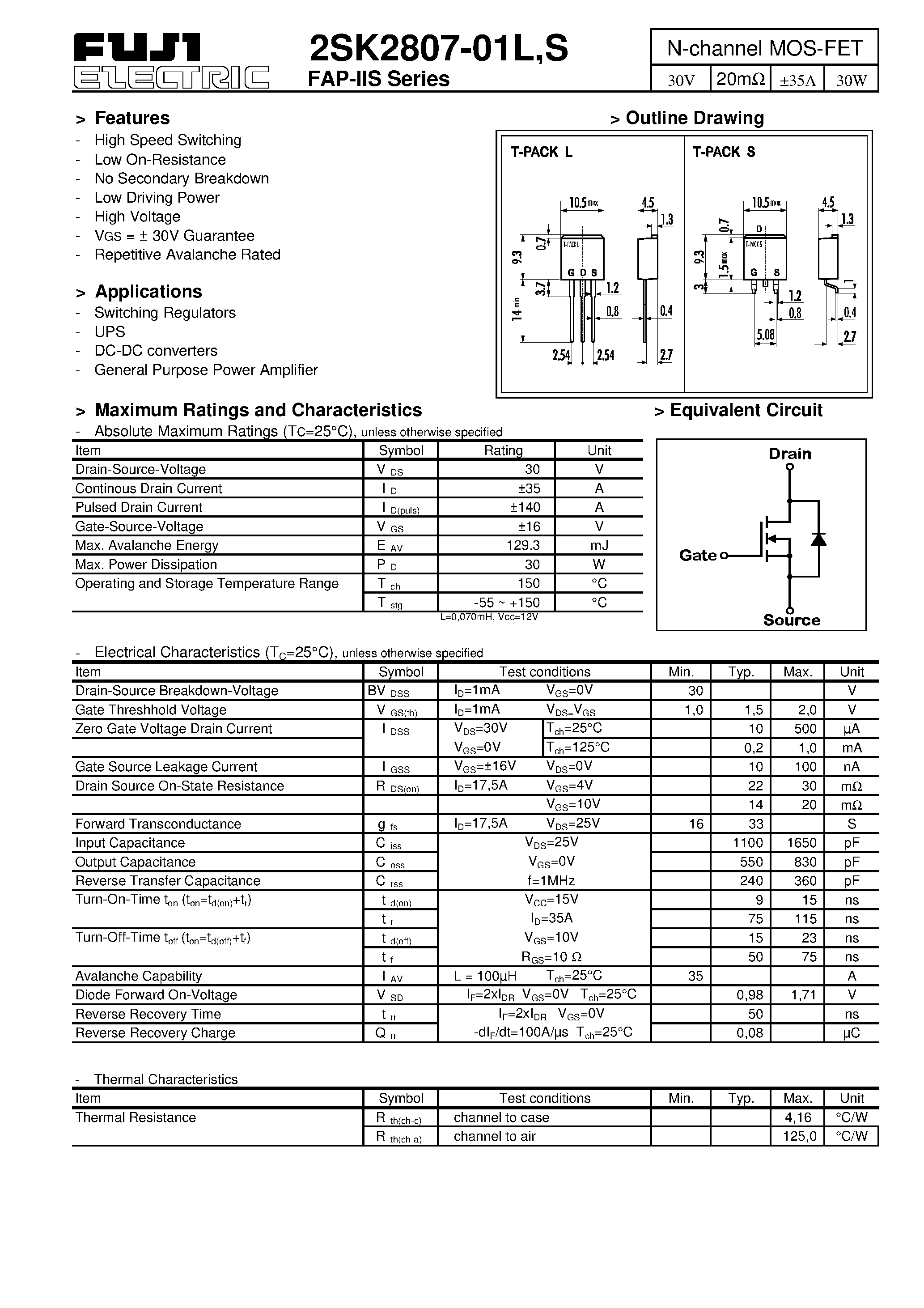 Datasheet 2SK2807-01S - N-channel MOS-FET page 1