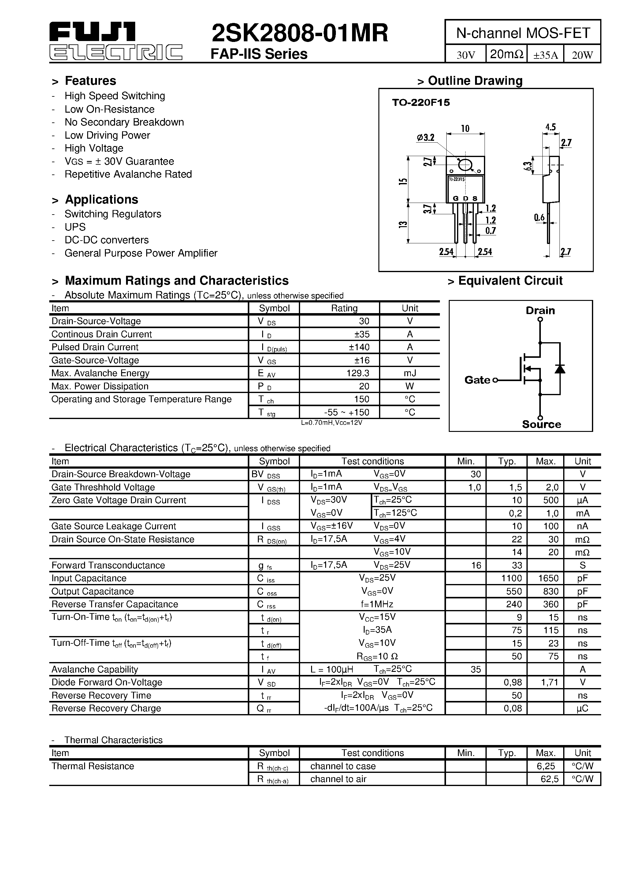 Datasheet 2SK2808-01MR - N-channel MOS-FET page 1