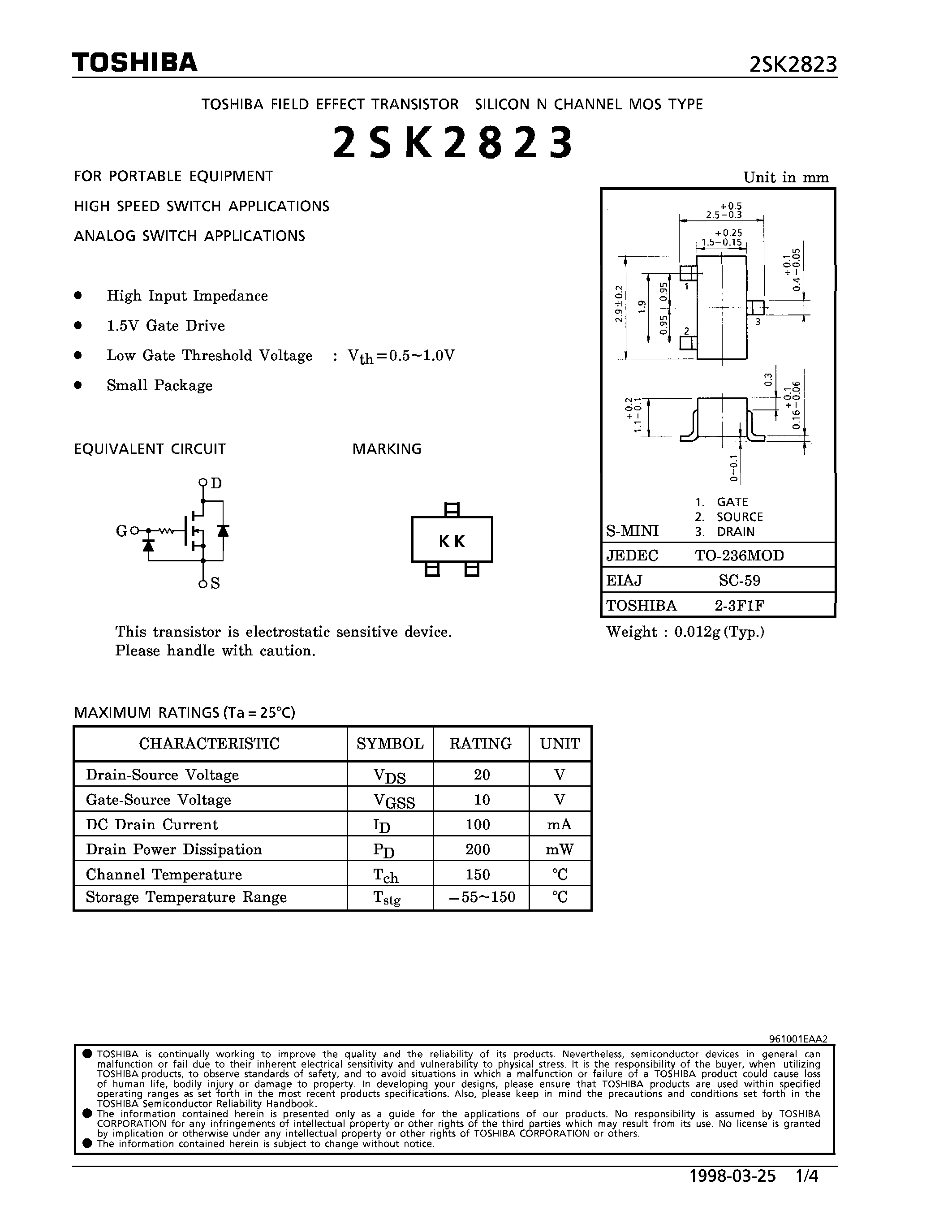 Datasheet 2SK2823 - N CHANNEL MOS TYPE (FOR PORTABLE EQUIPMENT HIGH SPEED/ ANALOG SWITCH APPLICATIONS) page 1
