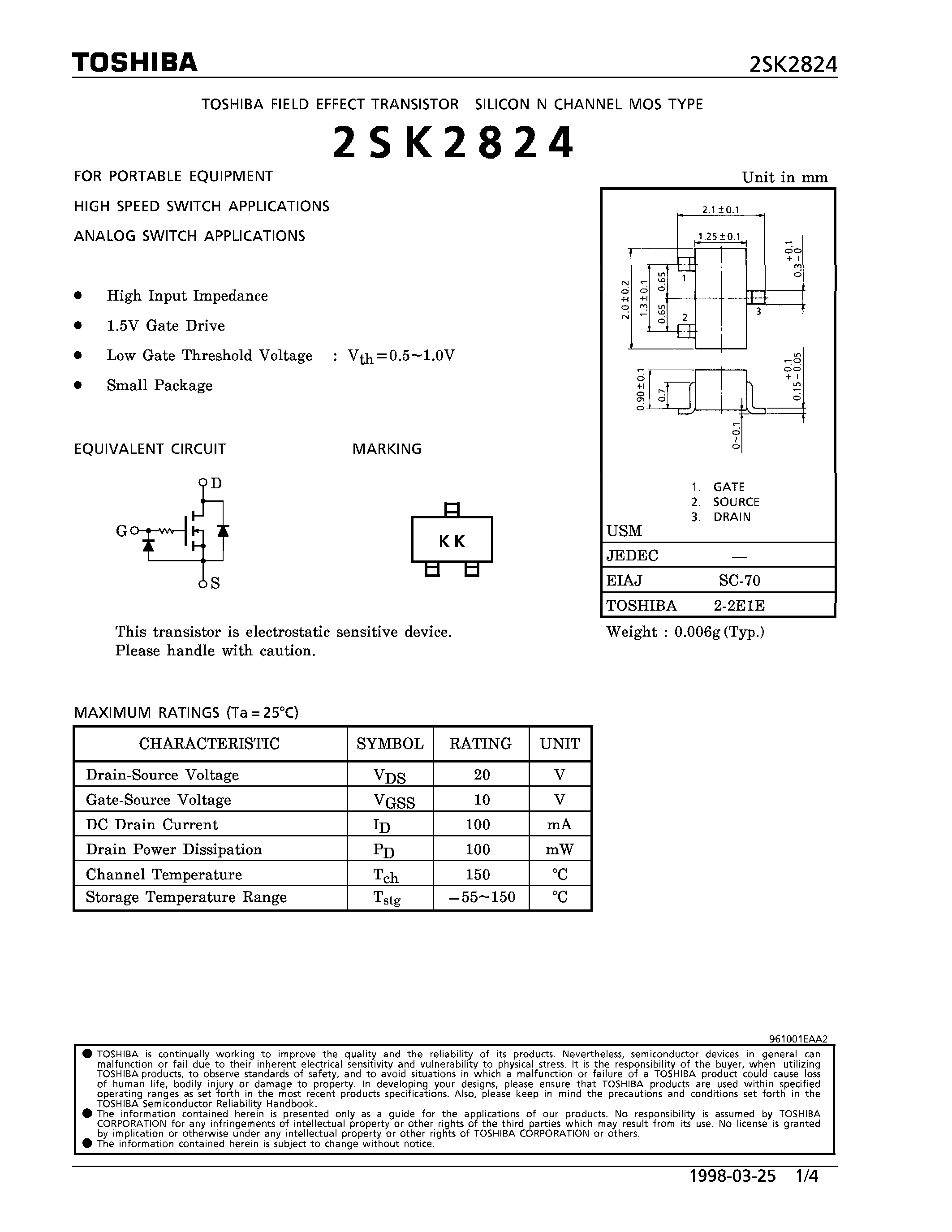 Datasheet 2SK2824 - N CHANNEL MOS TYPE (FOR PORTABLE EQUIPMENT HIGH SPEED SWITCH/ ANALOG SWITCH APPLICATIONS) page 1