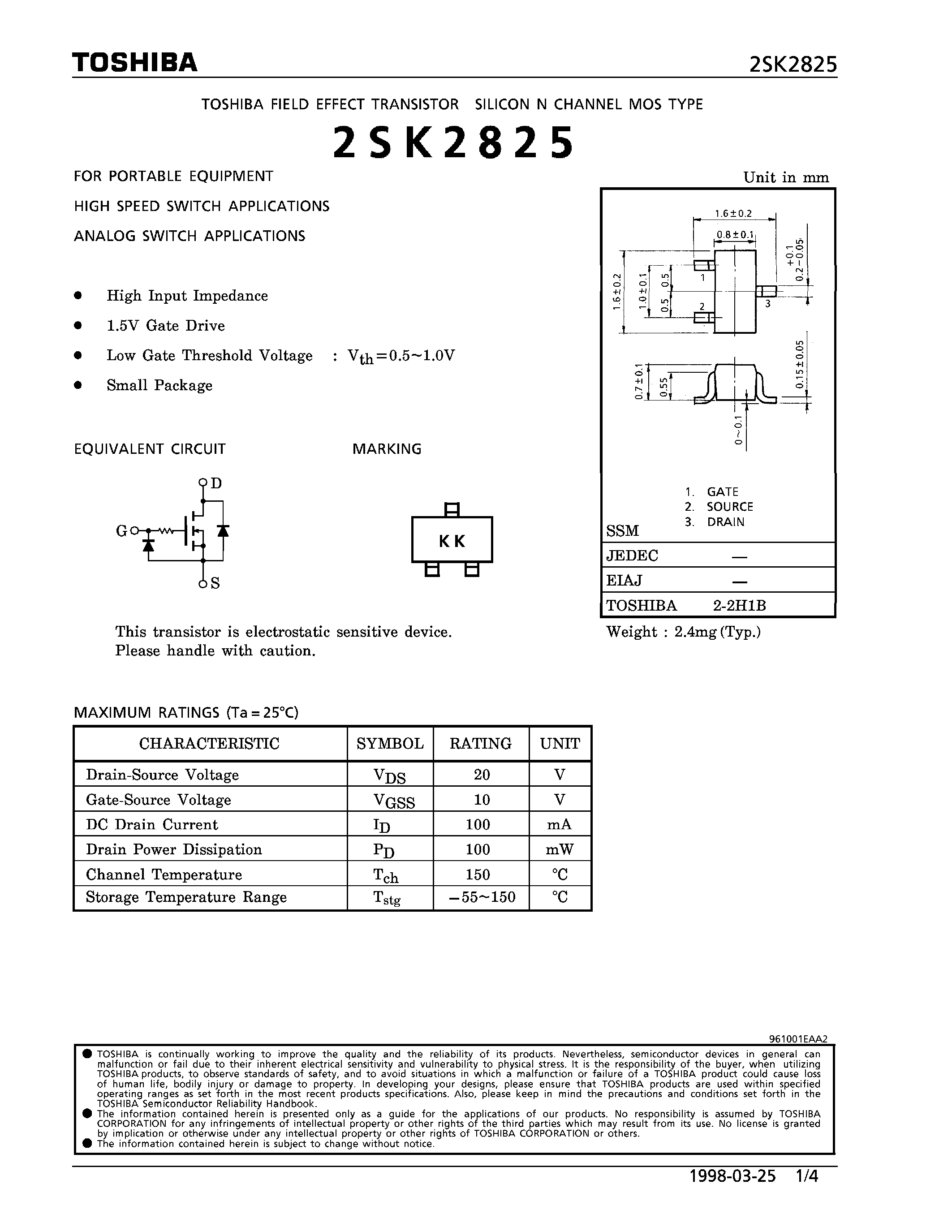 Datasheet 2SK2825 - N CHANNEL MOS TYPE (FOR PORTABLE EQUIPMENT HIGH SPEED SWITCH/ ANALOG SWITCH APPLICATIONS) page 1