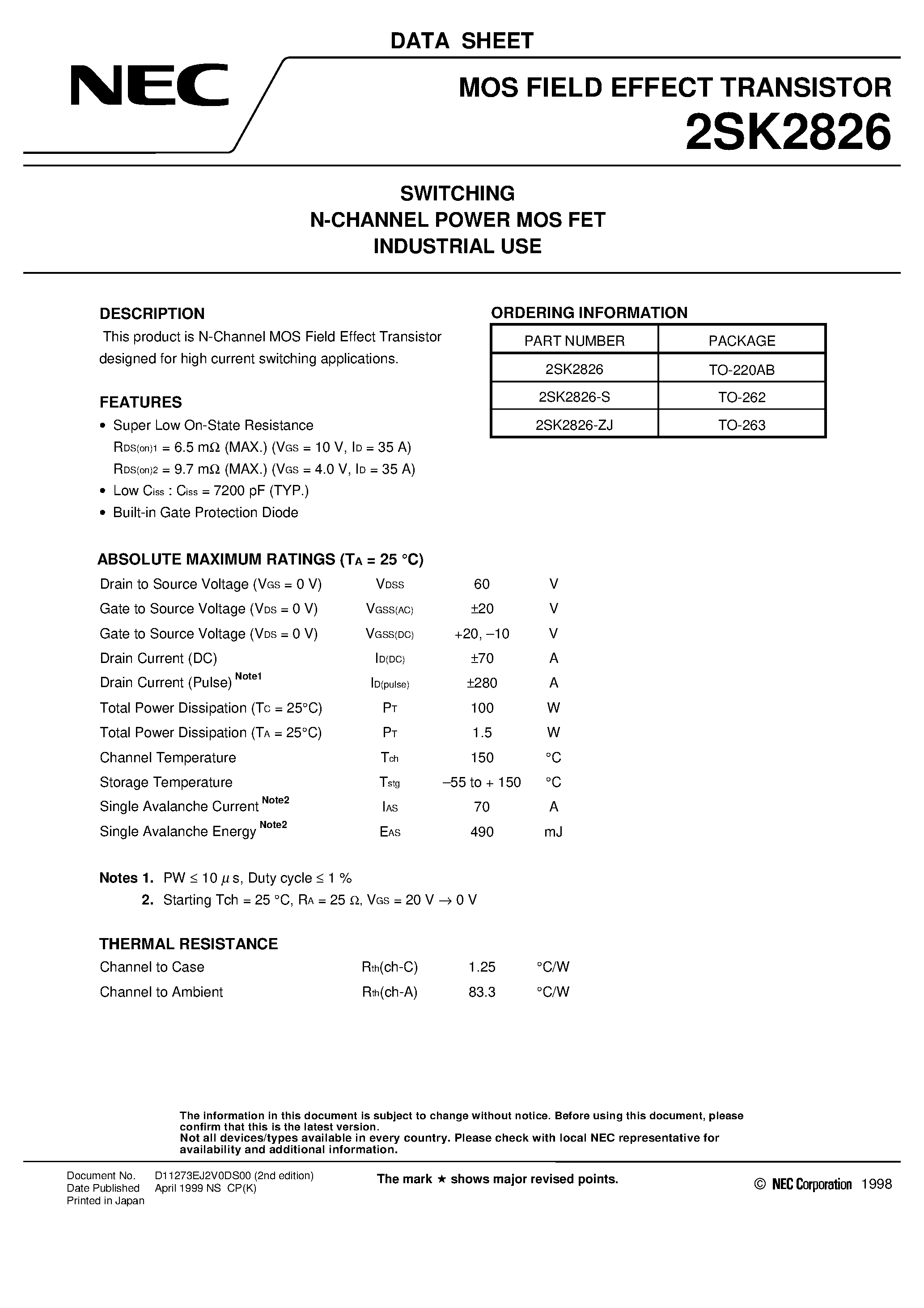 Datasheet 2SK2826-S page 1 Datasheet 2SK2826-S - SWITCHING N-CHANNEL POWER MOS FET INDUSTRIAL USE page 1