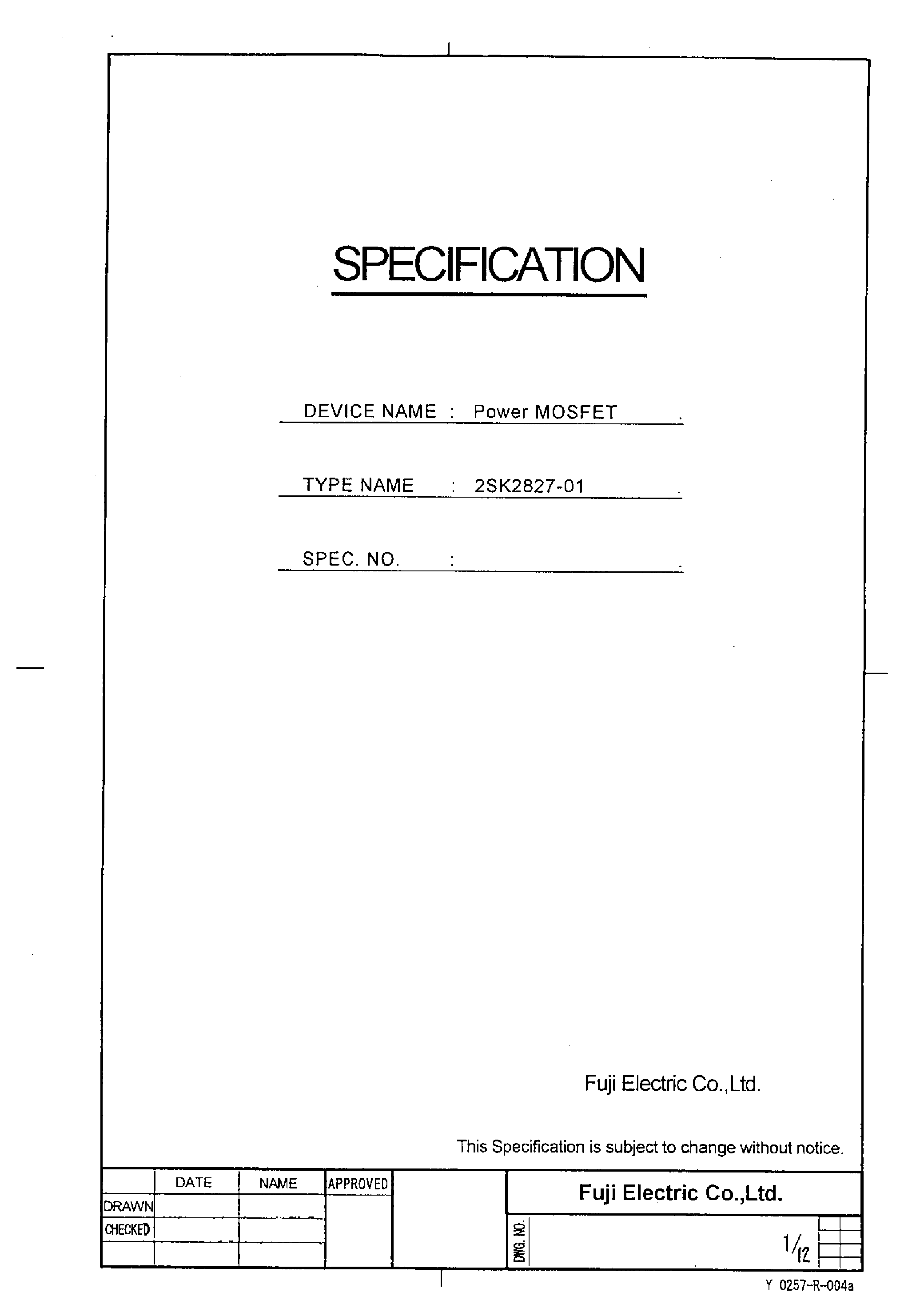 Datasheet 2SK2827-01 - Power MOSFET page 1