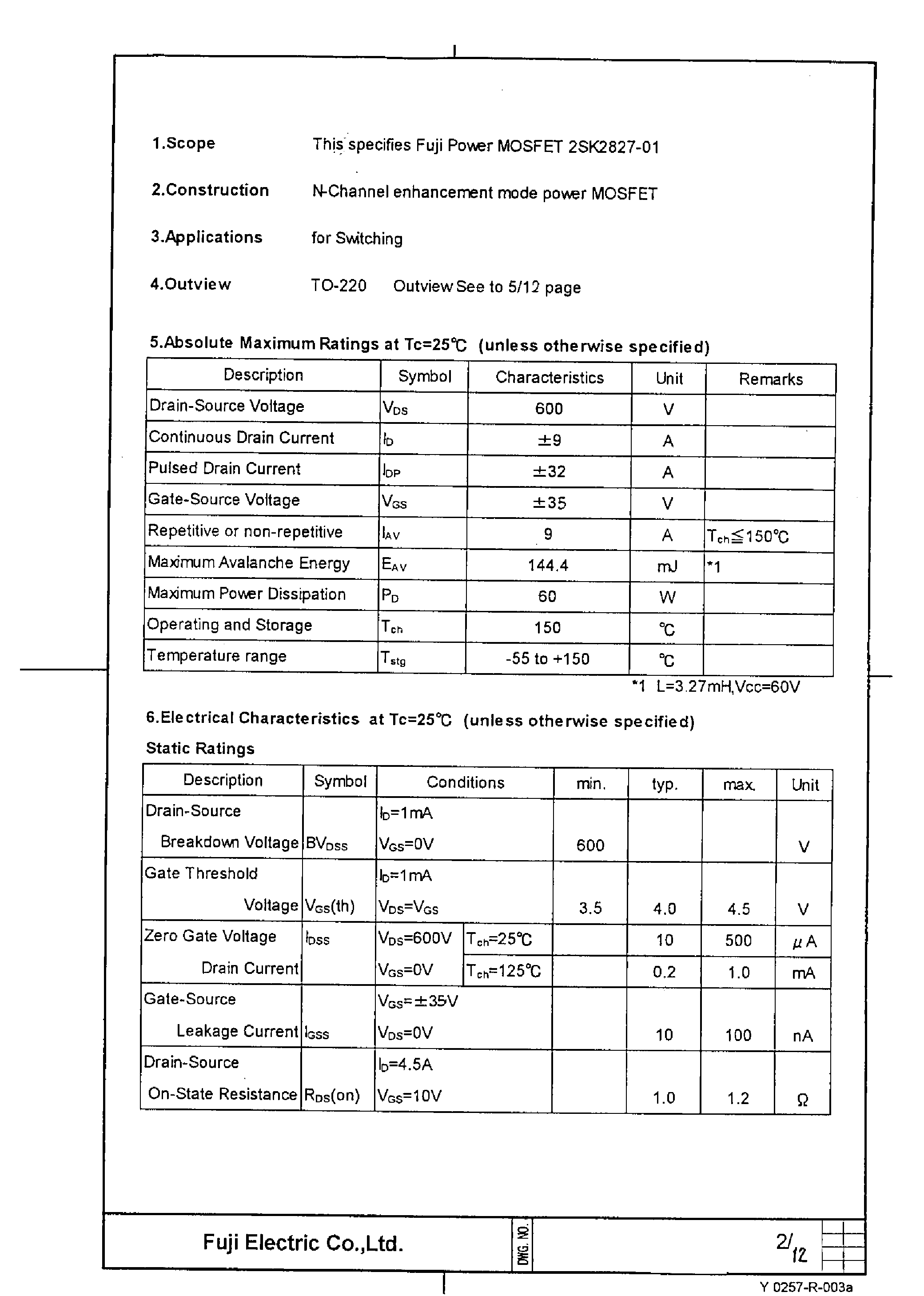 Datasheet 2SK2827-01 - Power MOSFET page 2