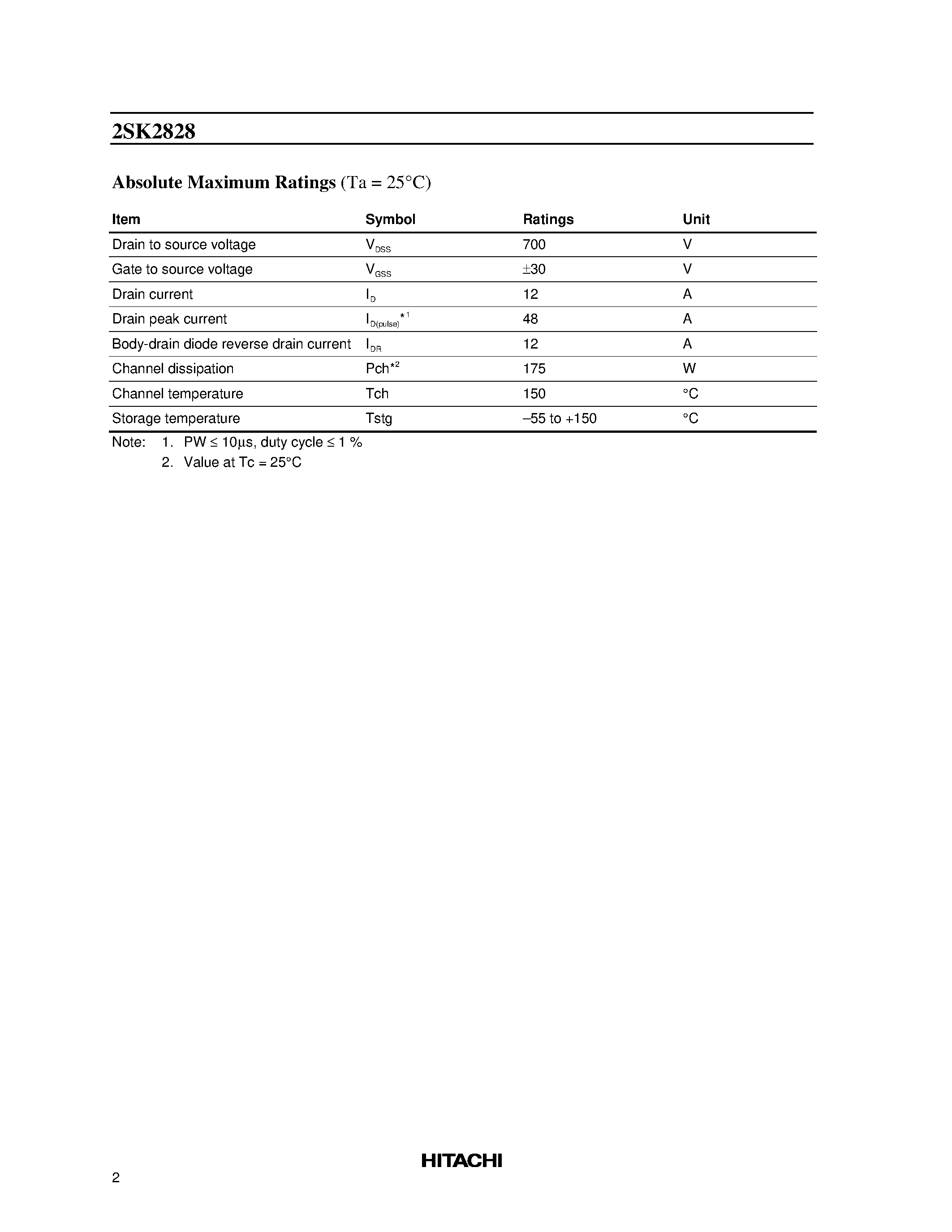 Datasheet 2SK2828 - Silicon N Channel MOS FET High Speed Power Switching page 2