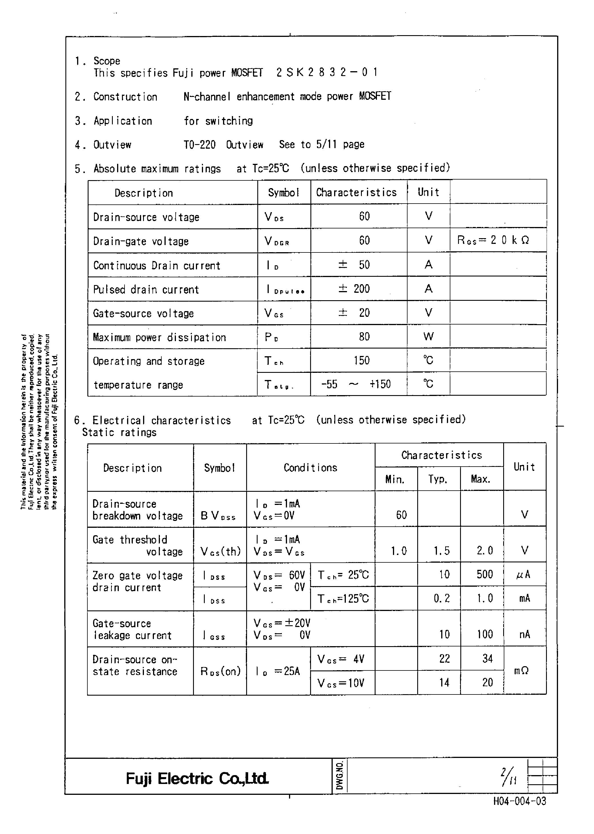 Datasheet 2SK2832-01 - Power MOSFET page 2