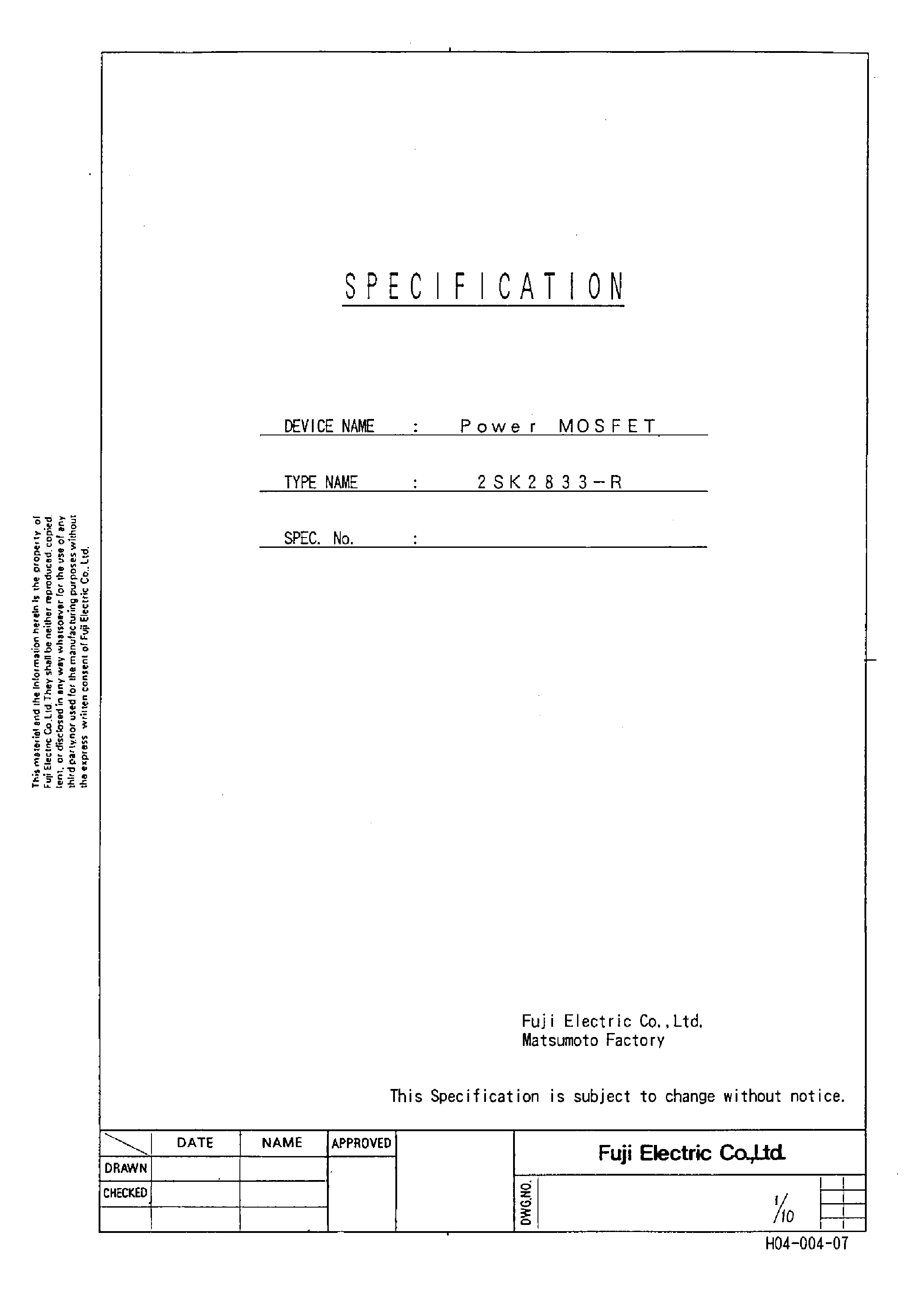 Datasheet 2SK2833 - Power MOSFET page 1