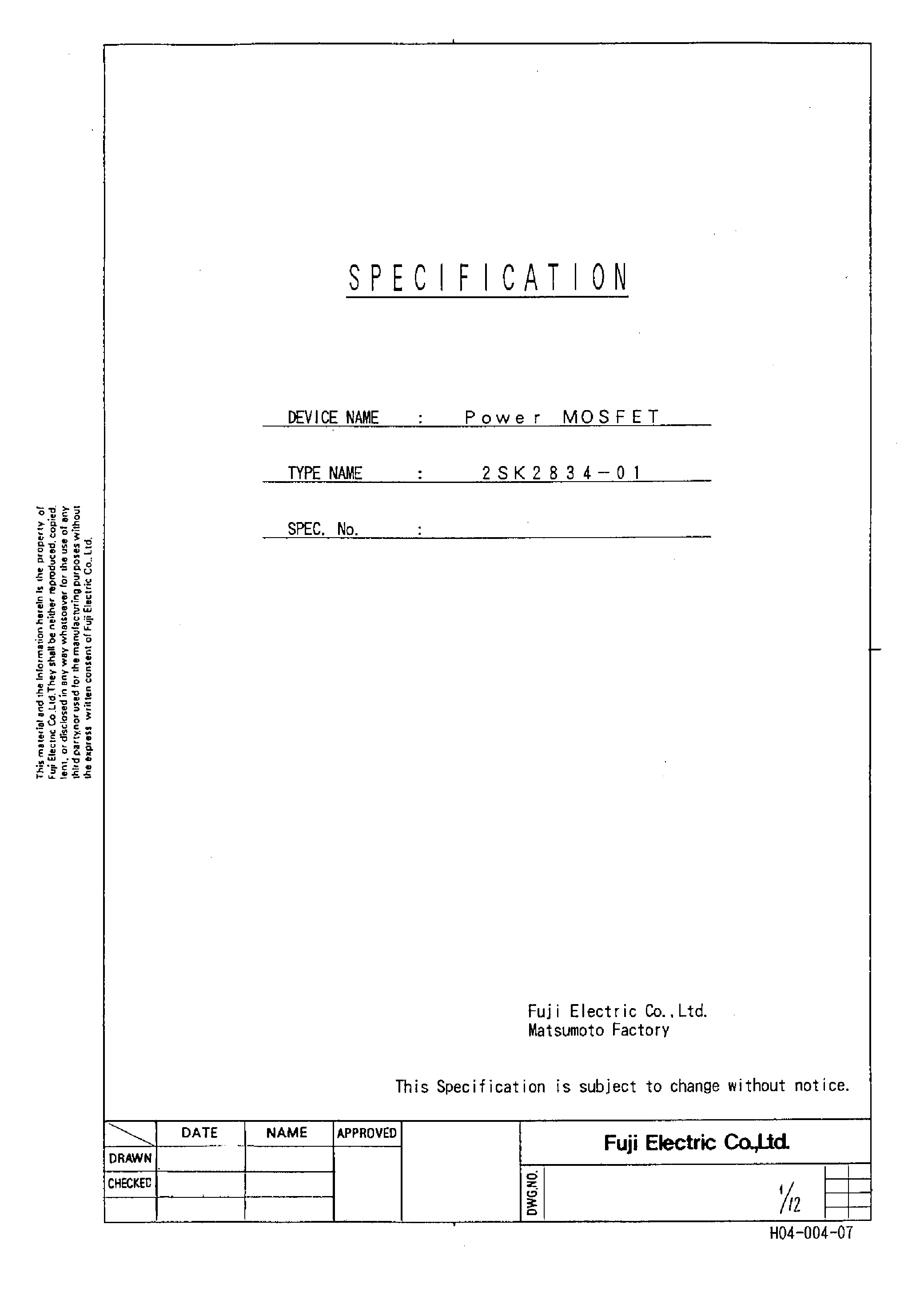 Datasheet 2SK2834 page 1 Datasheet 2SK2834 - Power MOSFET page 1