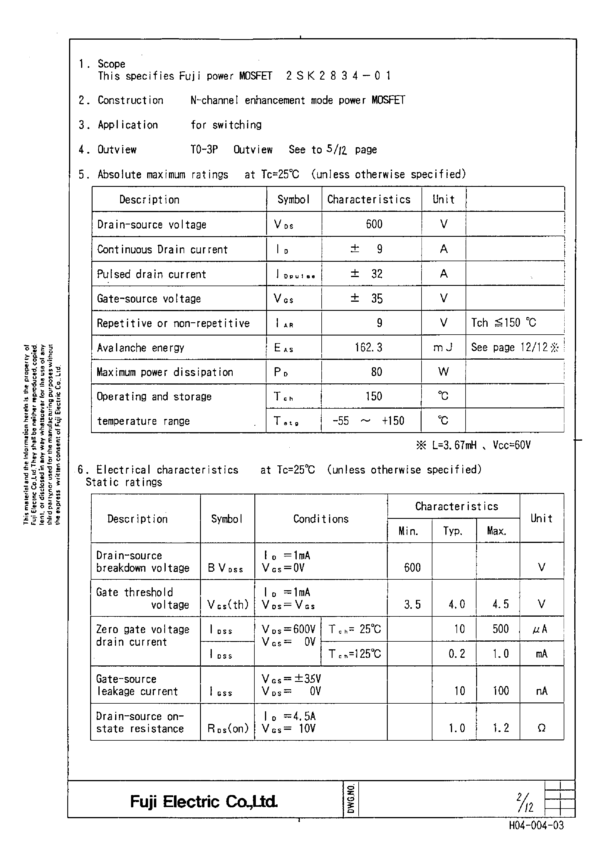 Datasheet 2SK2834 page 2 Datasheet 2SK2834 - Power MOSFET page 2