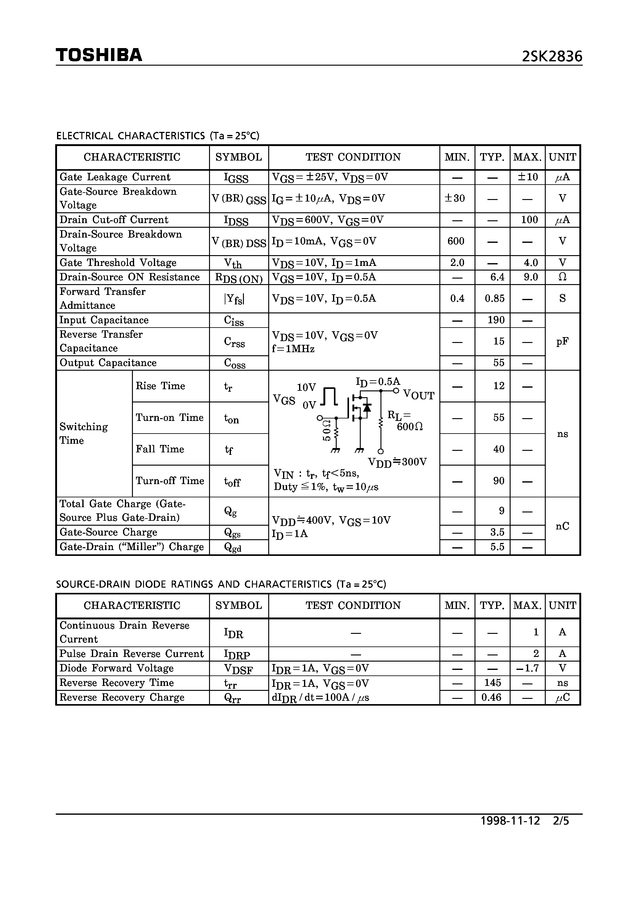 Datasheet 2SK2836 page 2 Datasheet 2SK2836 - N CHANNEL MOS TYPE (HIGH SPEED/ HIGH CURRENT SWITCHING/ CHOPPER REGULATOR/ DC-DC CONVERTERAND MOTOR DRIVE APPLICATIONS) page 2